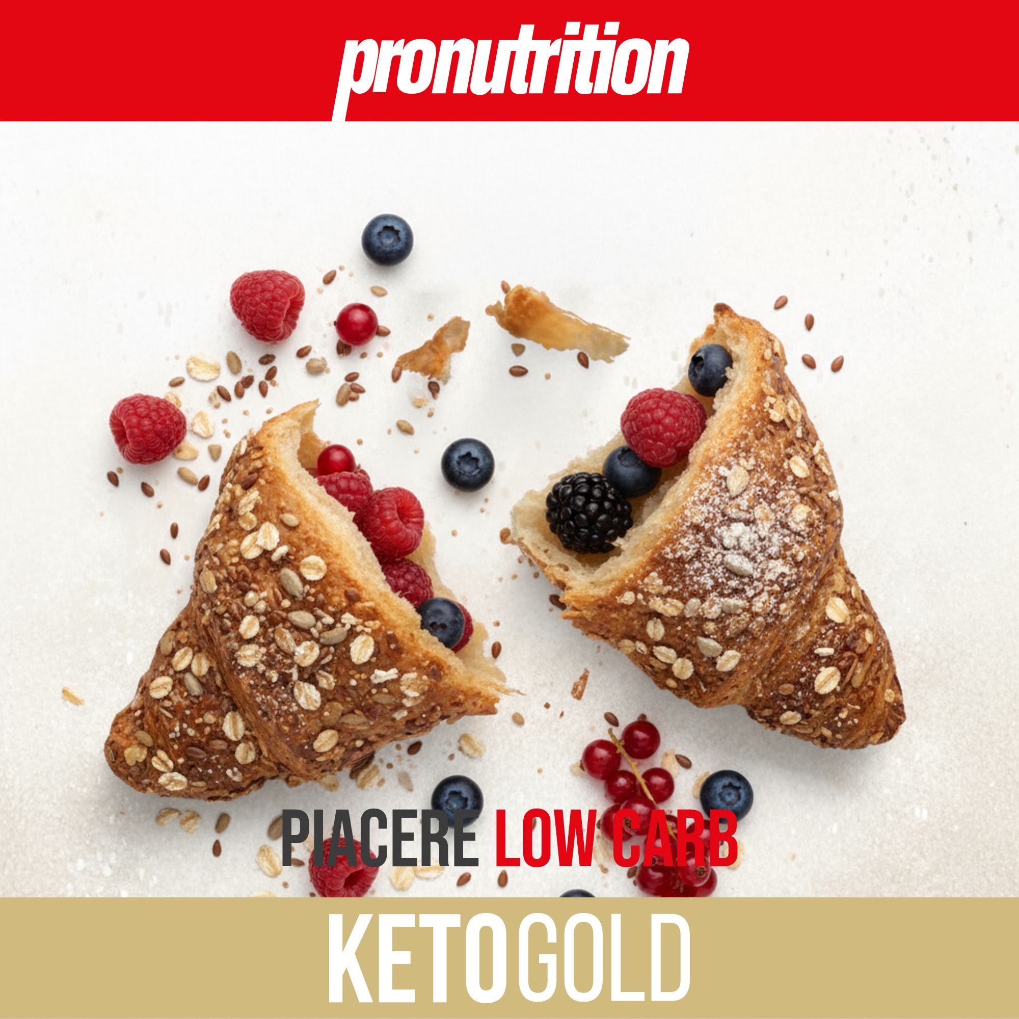 Due metà di croissant ripiene di frutti di bosco. Testo: PIACERE LOW CARB, KETOGOLD.