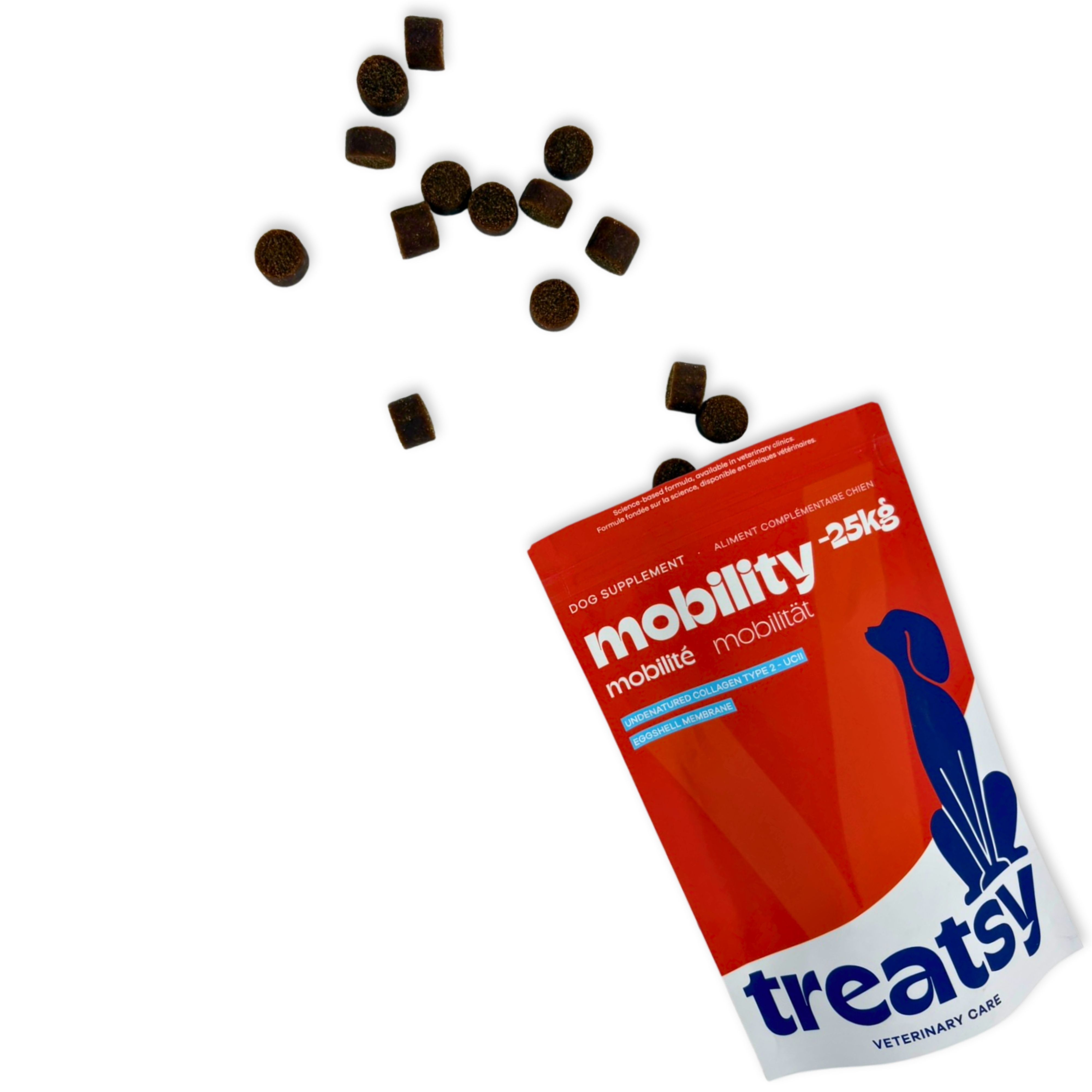 Compresse marroni rotonde che cadono da un sacchetto rosso con "mobility" e "Treatsy".