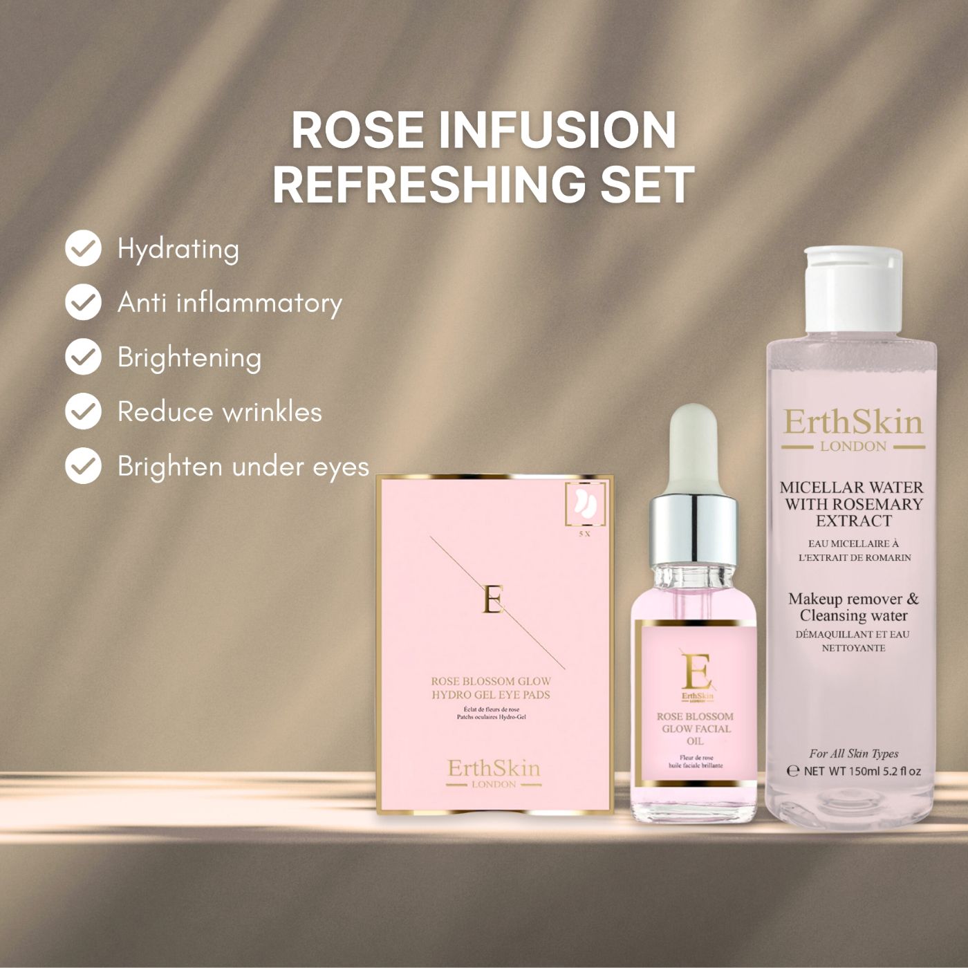 Set ErthSkin London Rose Blossom. Confezione rosa, bottiglia e contagocce. Testo: Micellar Water, Rose Blossom Glow, Hydro Gel Eye Pads. Vantaggi.