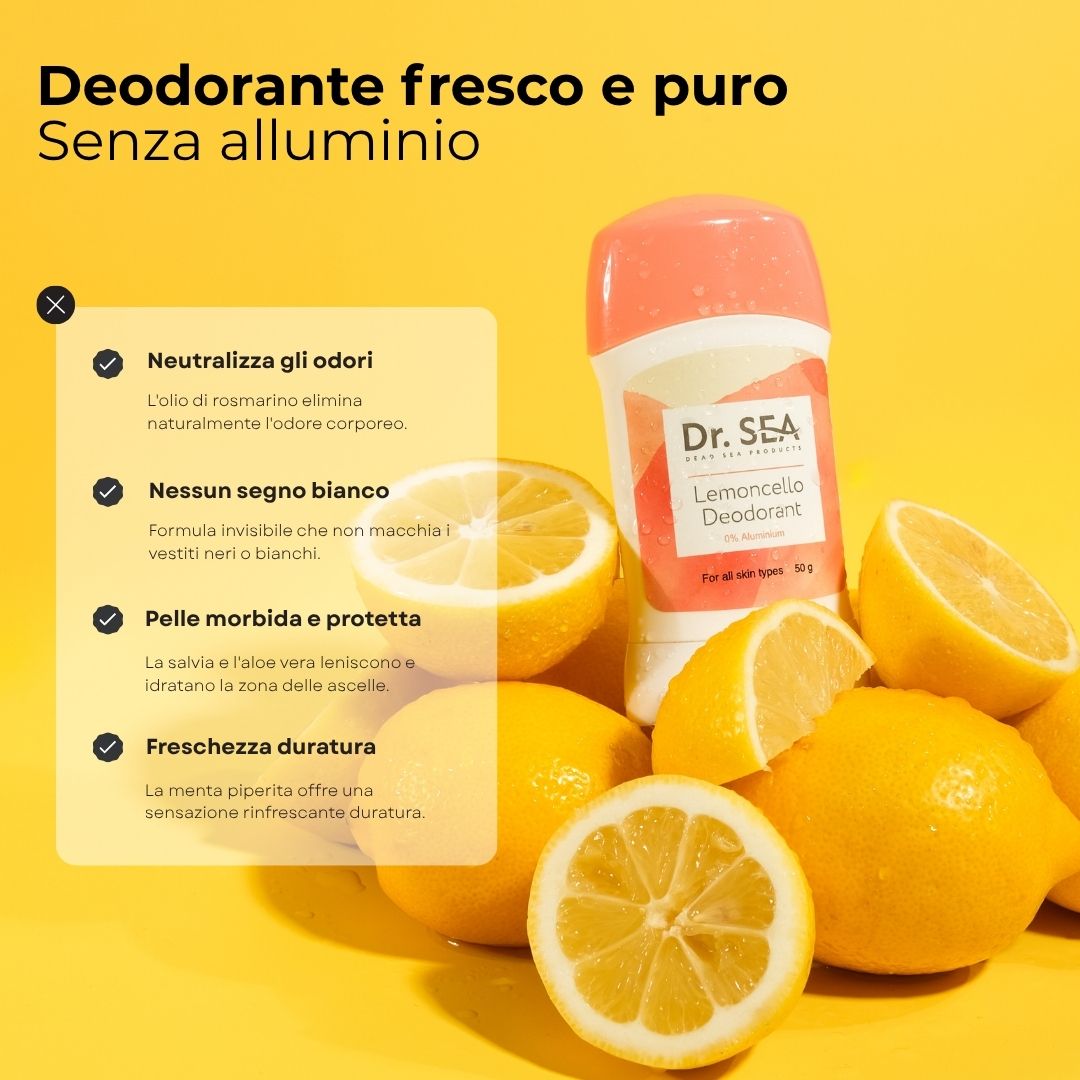 Sfondo giallo con limoni e stick deodorante. Testo: Deodorante fresco e puro. Senza alluminio. Vantaggi.