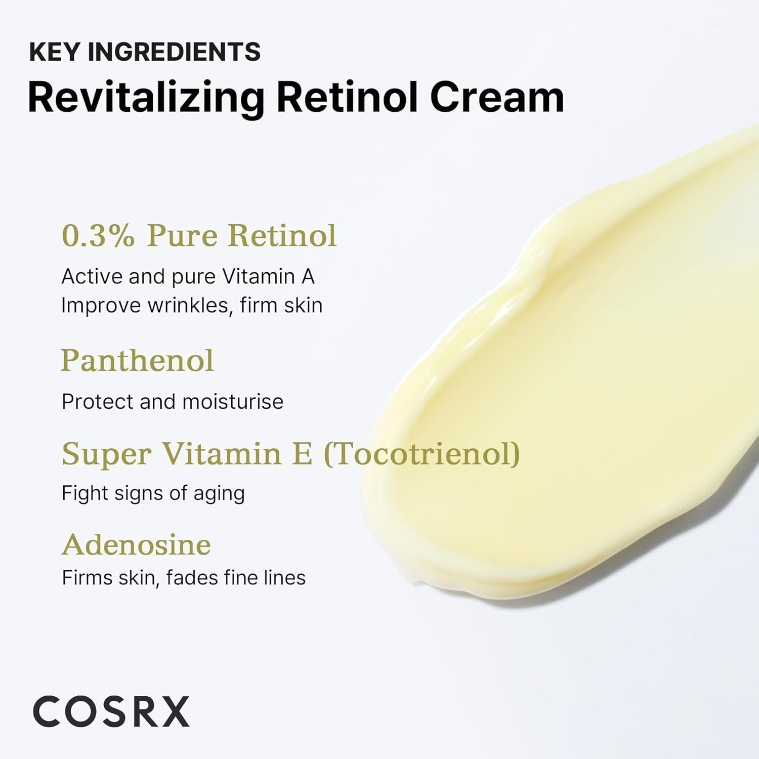 Crema gialla. Testo: 0.3% Pure Retinol, Panthenol, Super Vitamin E, Adenosina. Logo COSRX.