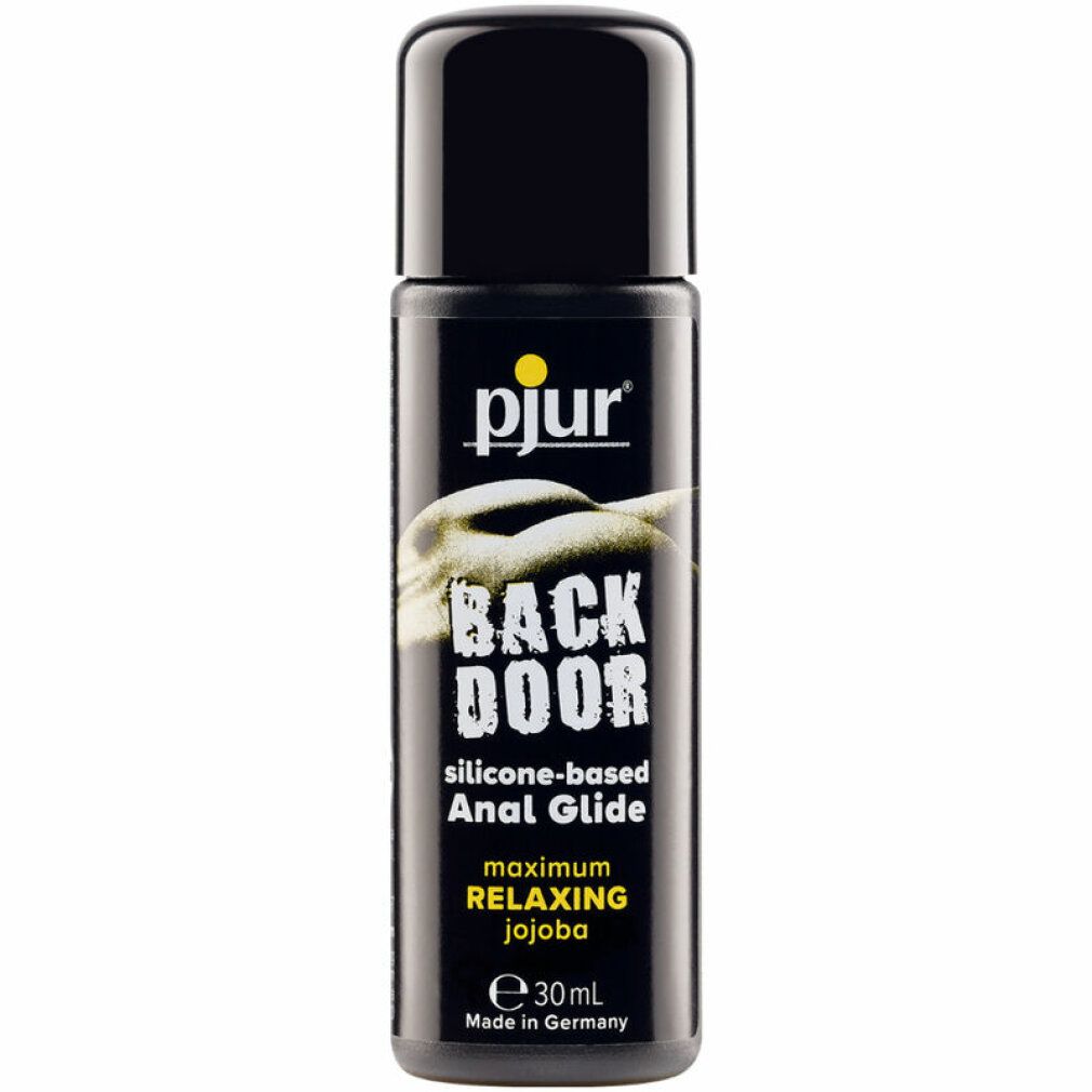 Flacone nero con tappo nero. Scritta: pjur, BACK DOOR, Anal Glide. Contiene 30ml. Prodotto in Germania.