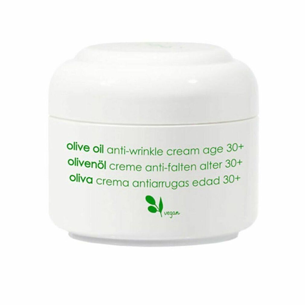 Vasetto bianco con testo verde: olive oil anti-wrinkle cream age 30+, Olivenöl Creme Anti-Falten Alter 30+, Oliva Crema Antiarrugas Edad 30+. Logo vegan.