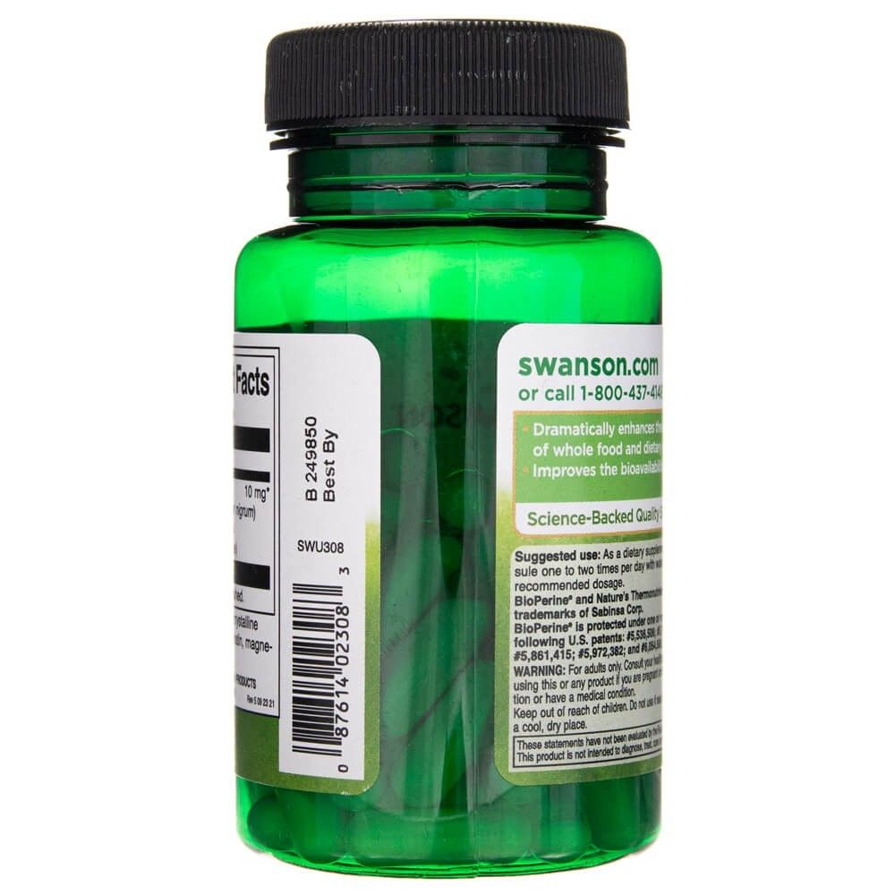 Lato di un contenitore Swanson BioPerine in capsule con codice a barre e data di scadenza.