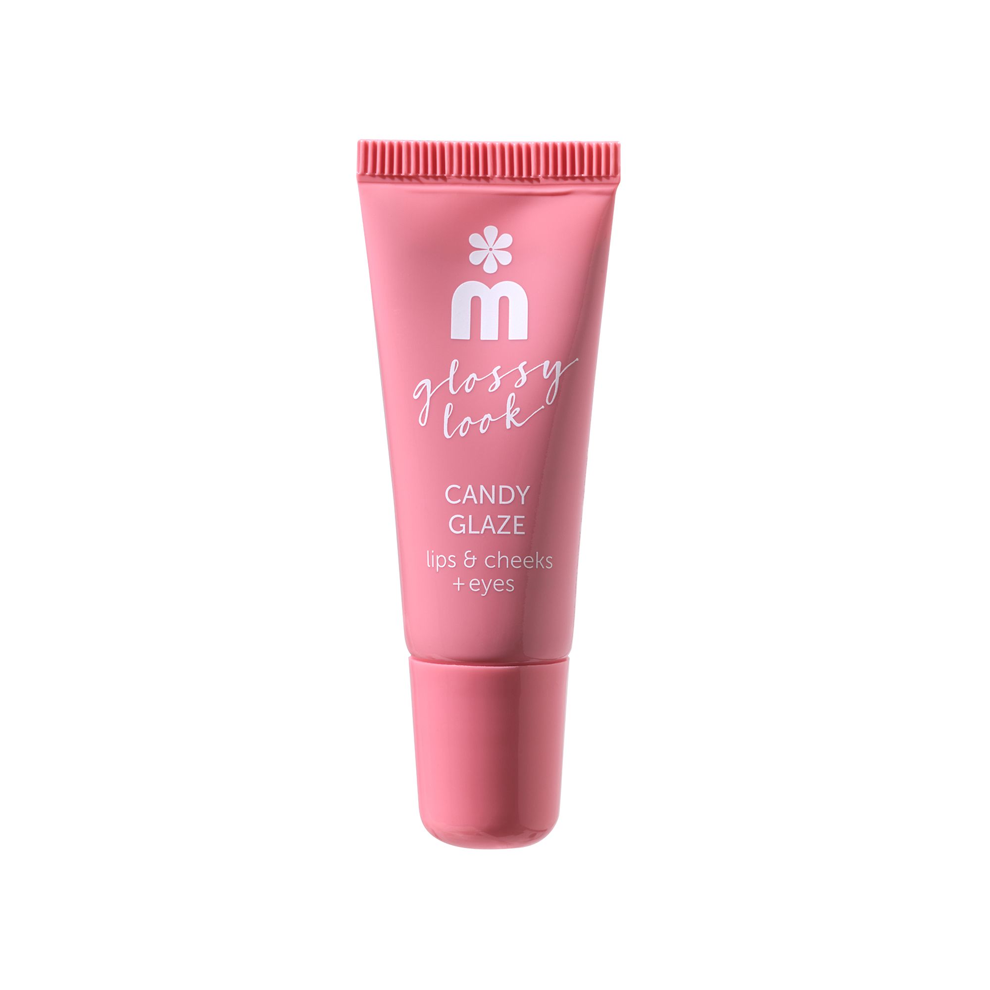 Tubo rosa con logo e testo bianchi. Nome del prodotto: Candy Glaze, per labbra, guance e palpebre.