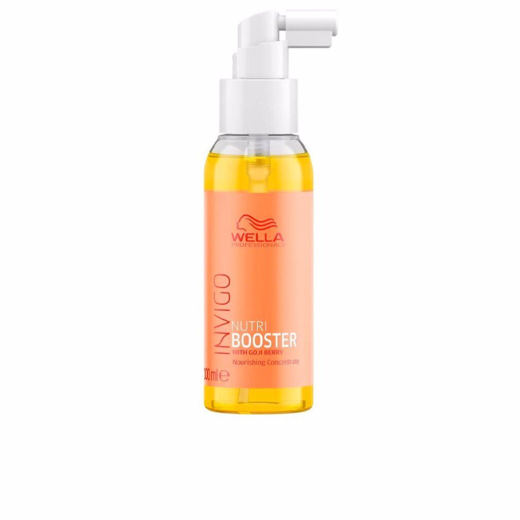 Flacone con etichetta arancione. Scritta: Invigo Nutri Booster. Con bacche di goji. Con erogatore spray.