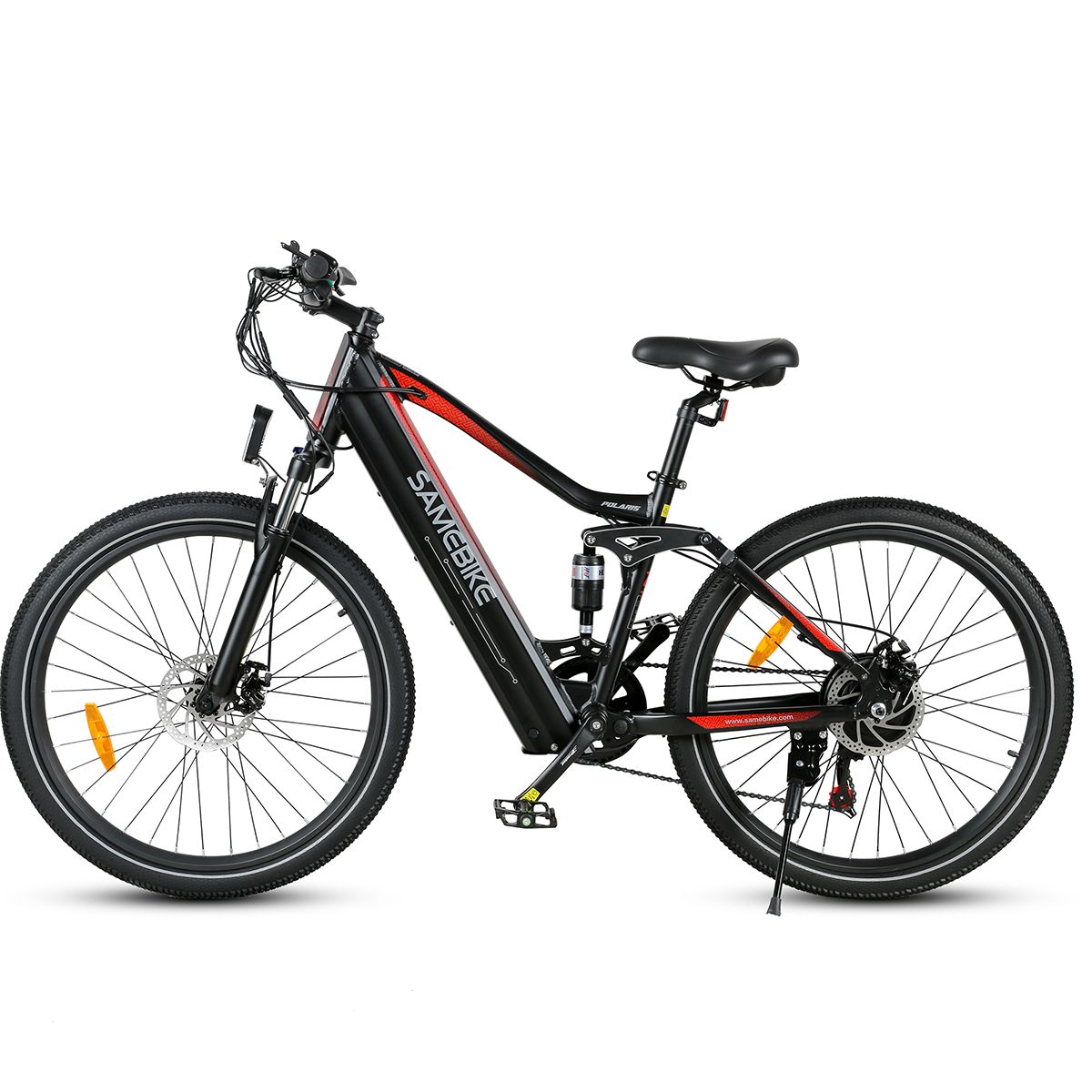 E-bike nera con dettagli rossi. Marca SAMEBIKE. Vista laterale, cavalletto.