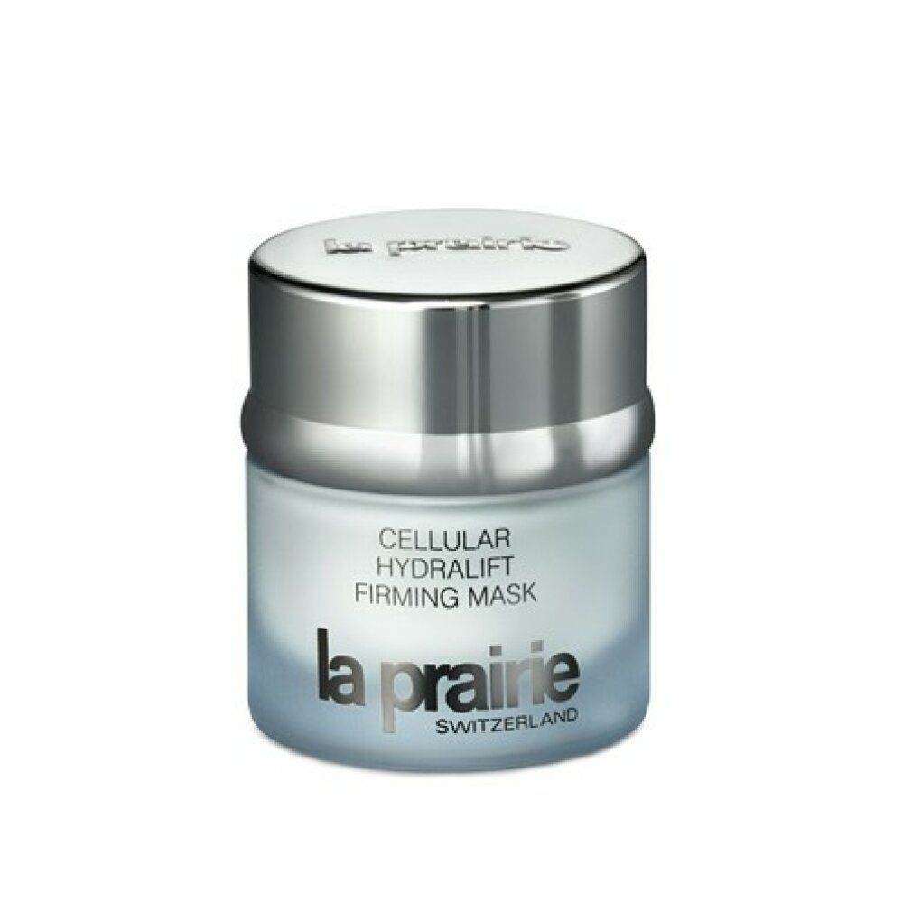 Vaso in vetro grigio con coperchio argentato. Scritta: Cellular Hydralift Firming Mask, La Prairie. Nome del prodotto e marchio.
