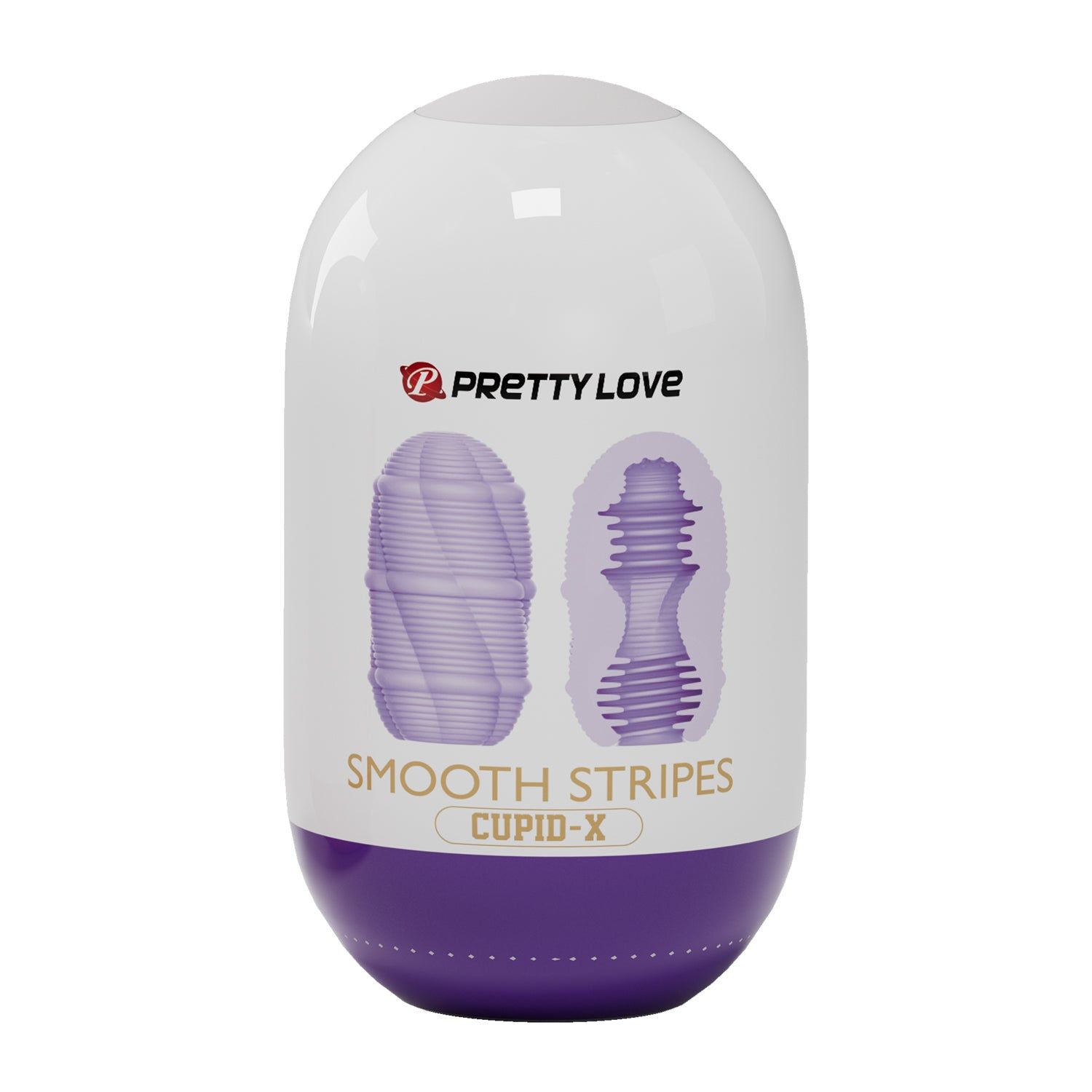 Confezione ovale, bianco-viola. Illustrazione del prodotto. Testo: PRETTY LOVE, SMOOTH STRIPES, CUPID-X.