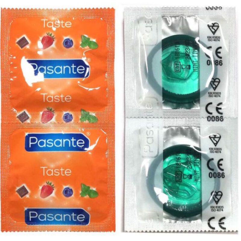 Due preservativi Pasante Menta in bustina verde e due preservativi Pasante Gusto in bustina arancione.