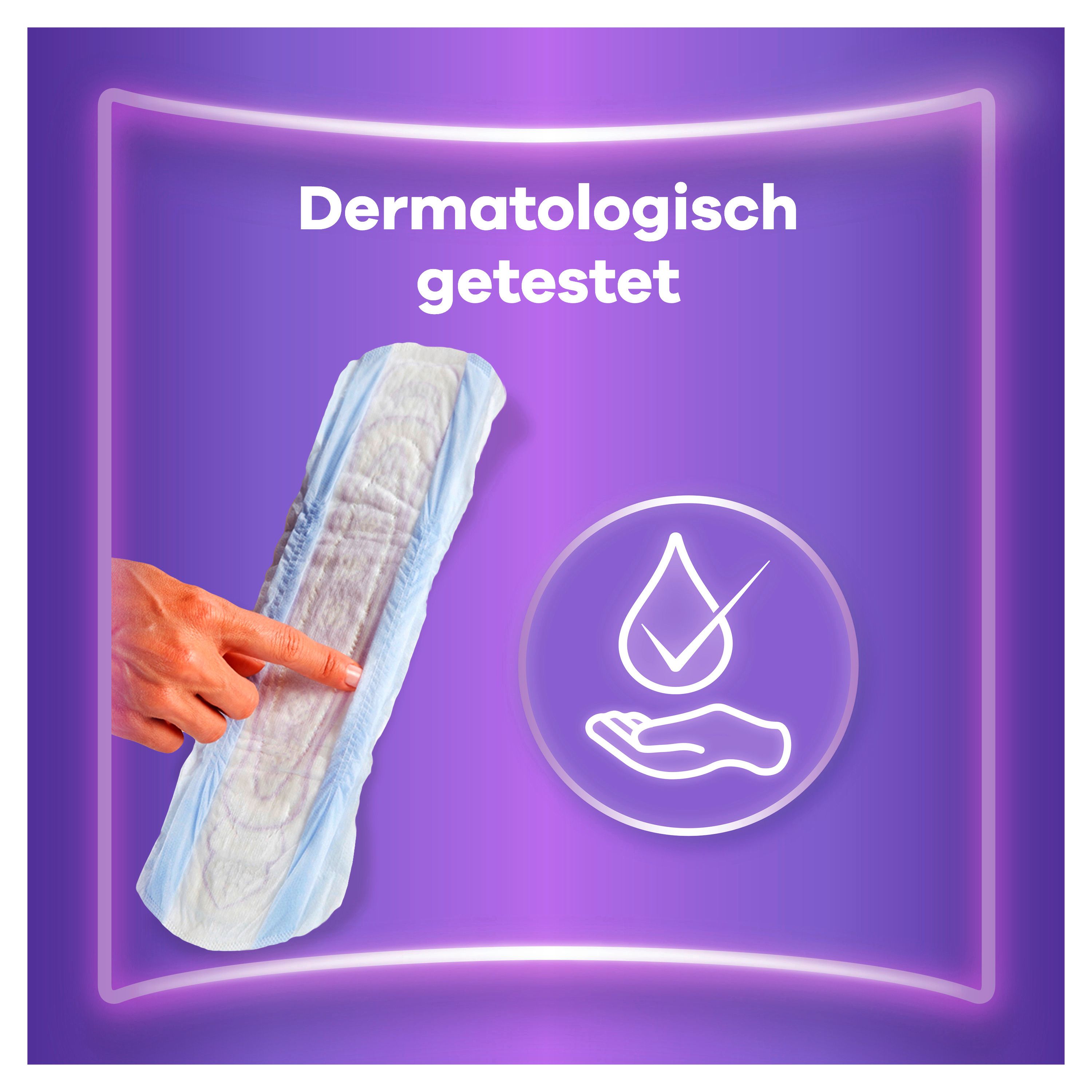 Dermatologicamente testato: un prodotto per l'igiene femminile con bordi blu e superficie bianca.
