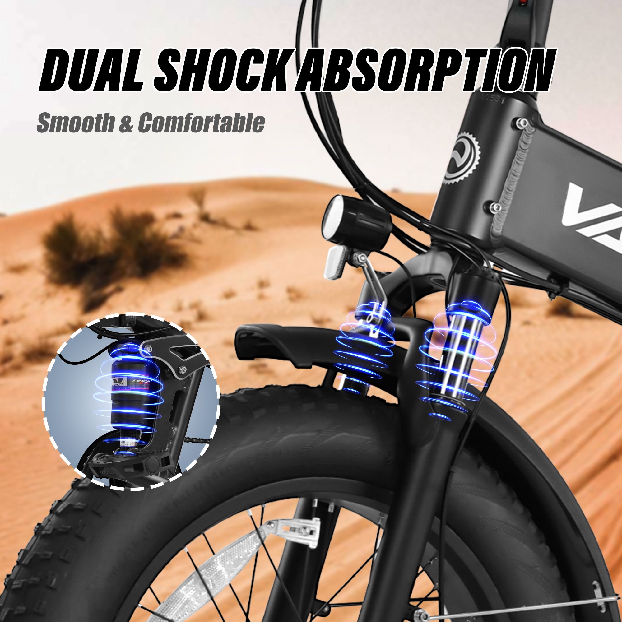 E-bike pieghevole VARUN S20-2 con doppia ammortizzazione. Bicicletta nera con sospensioni. Sfondo: ambiente sabbioso.