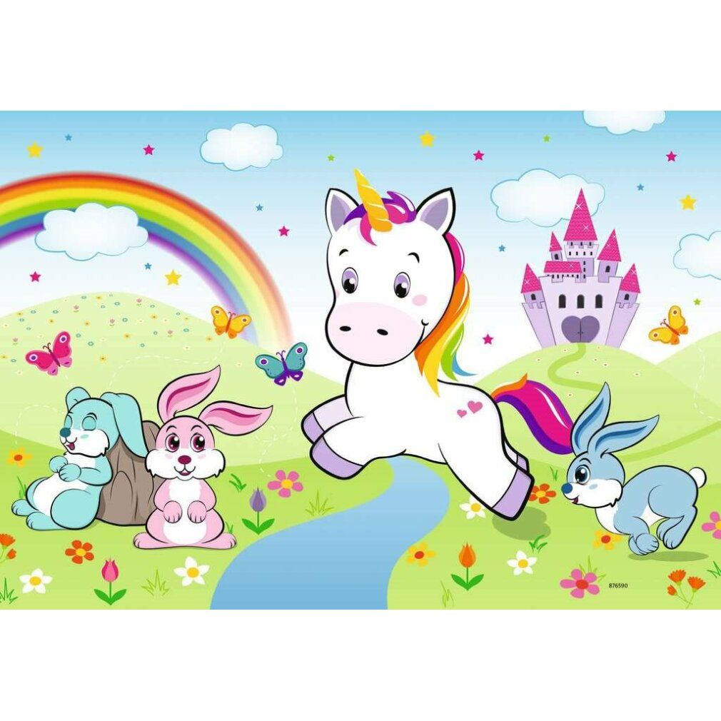 Motivo puzzle: unicorno, coniglio e animali davanti ad arcobaleno e castello. Illustrazione colorata. Sfondo: cielo blu con stelle.
