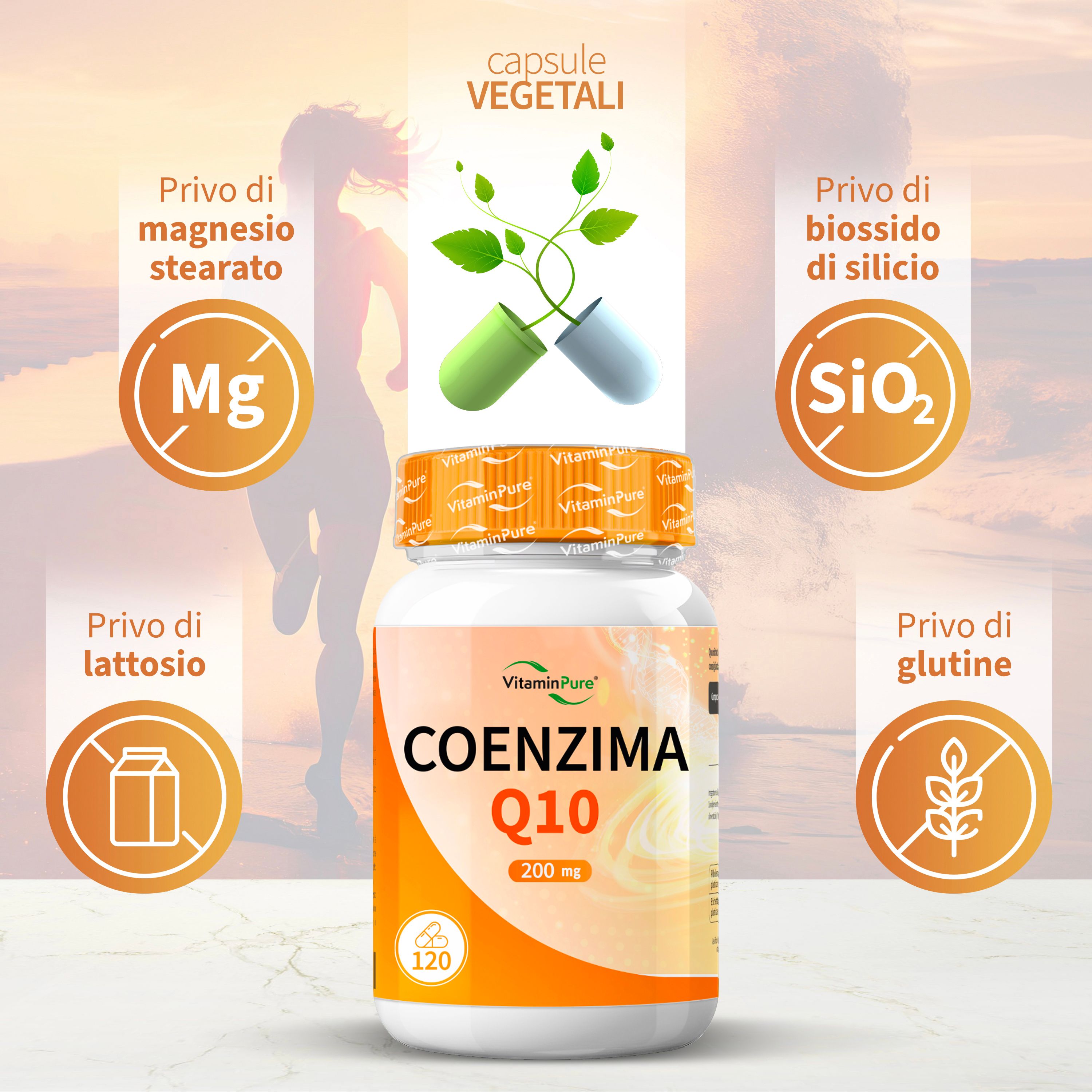 VitaminPure® Coenzima Q10, 200mg. Flacone bianco, etichetta arancione. 120 capsule. Senza lattosio, glutine, stearato di magnesio, biossido di silicio.