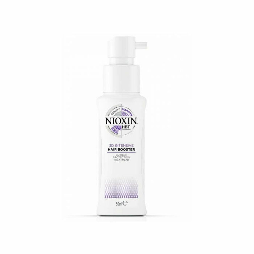 Flacone bianco con pompa. Scritta: Nioxin HBT 3D Intensive Hair Booster.