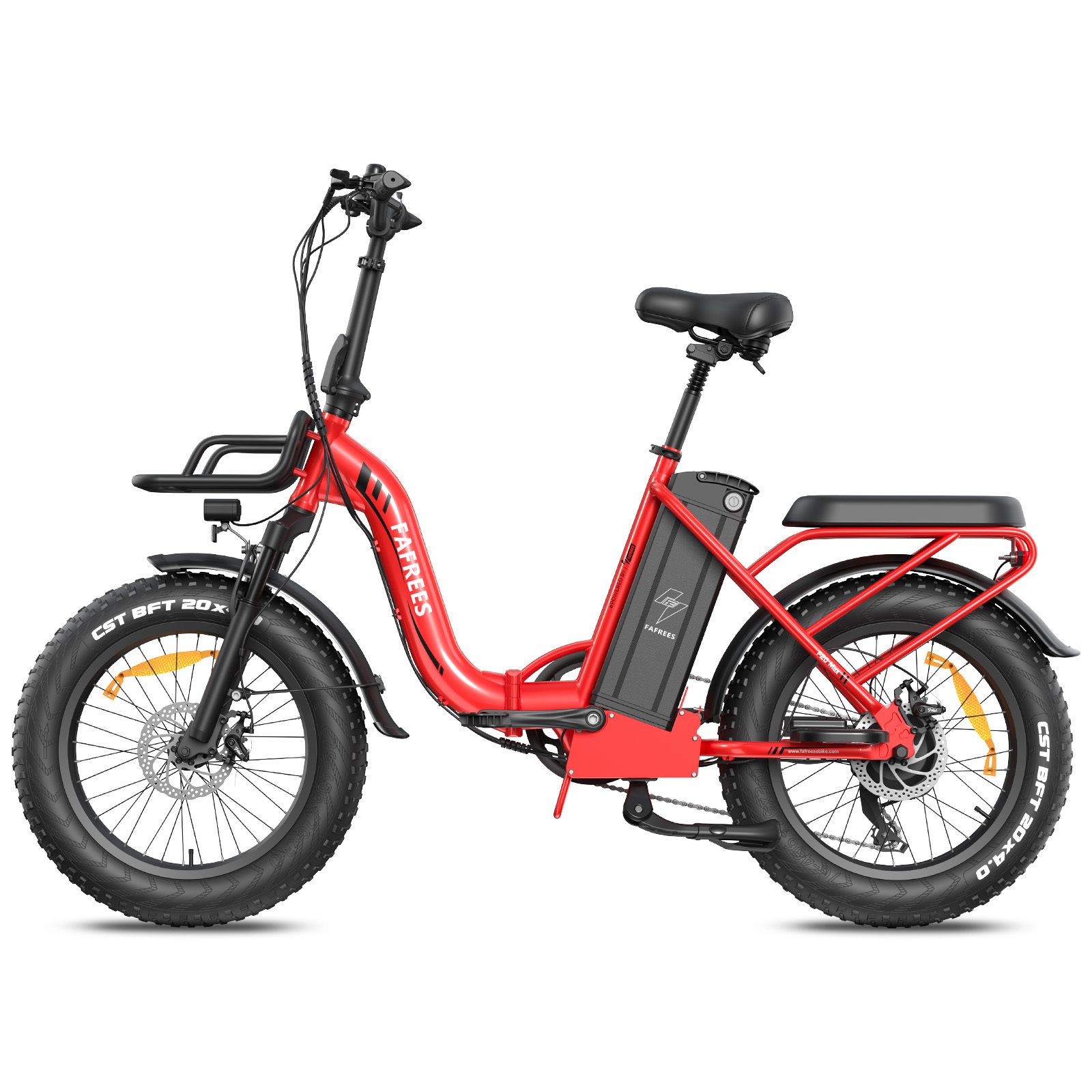 E-bike pieghevole rossa con cestino, pneumatici e sella neri. Logo FAFREES visibile. Con batteria e display LCD.