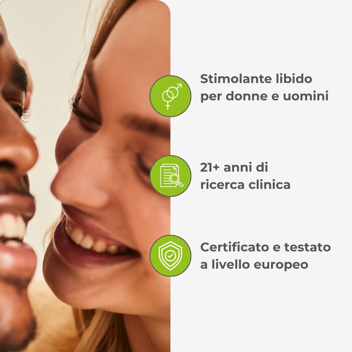 Volti di uomo e donna. Testo: Stimolante libido, 21+ anni di ricerca, Certificato europeo.