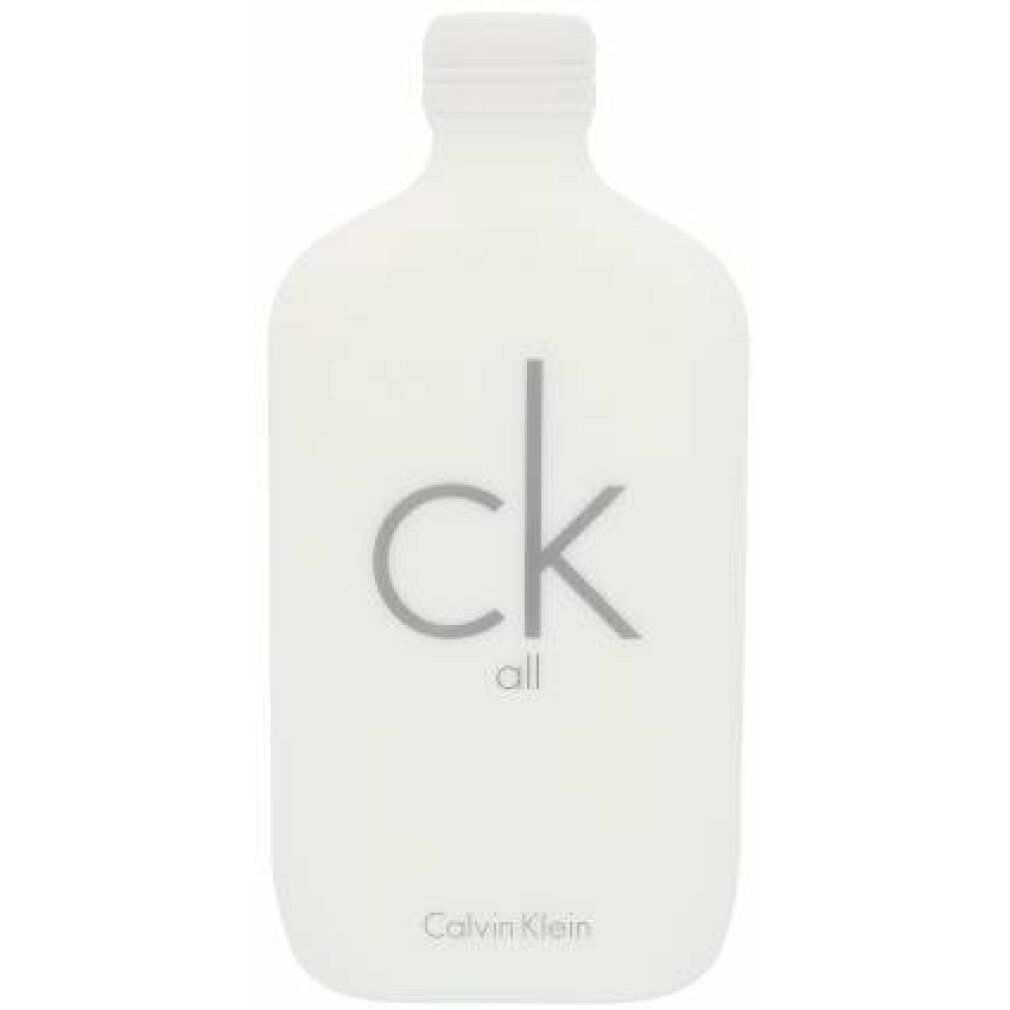 Flacone di eau de toilette bianco. Scritta: ck all, Calvin Klein. Forma del flacone: rettangolare, angoli arrotondati.