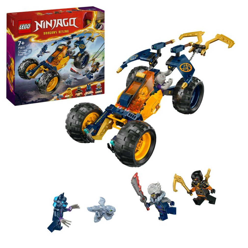 Set LEGO Ninjago. Buggy fuoristrada giallo-blu con pneumatici neri e personaggi. Confezione accanto.
