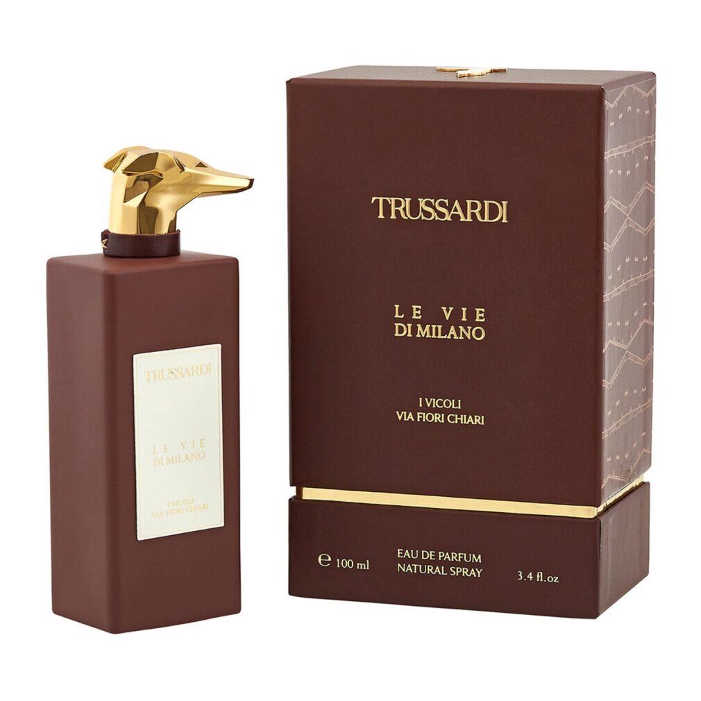 Flacone e scatola Trussardi Le Vie Di Milano Eau de Parfum. Bottiglia marrone con spruzzatore dorato ed etichetta bianca.