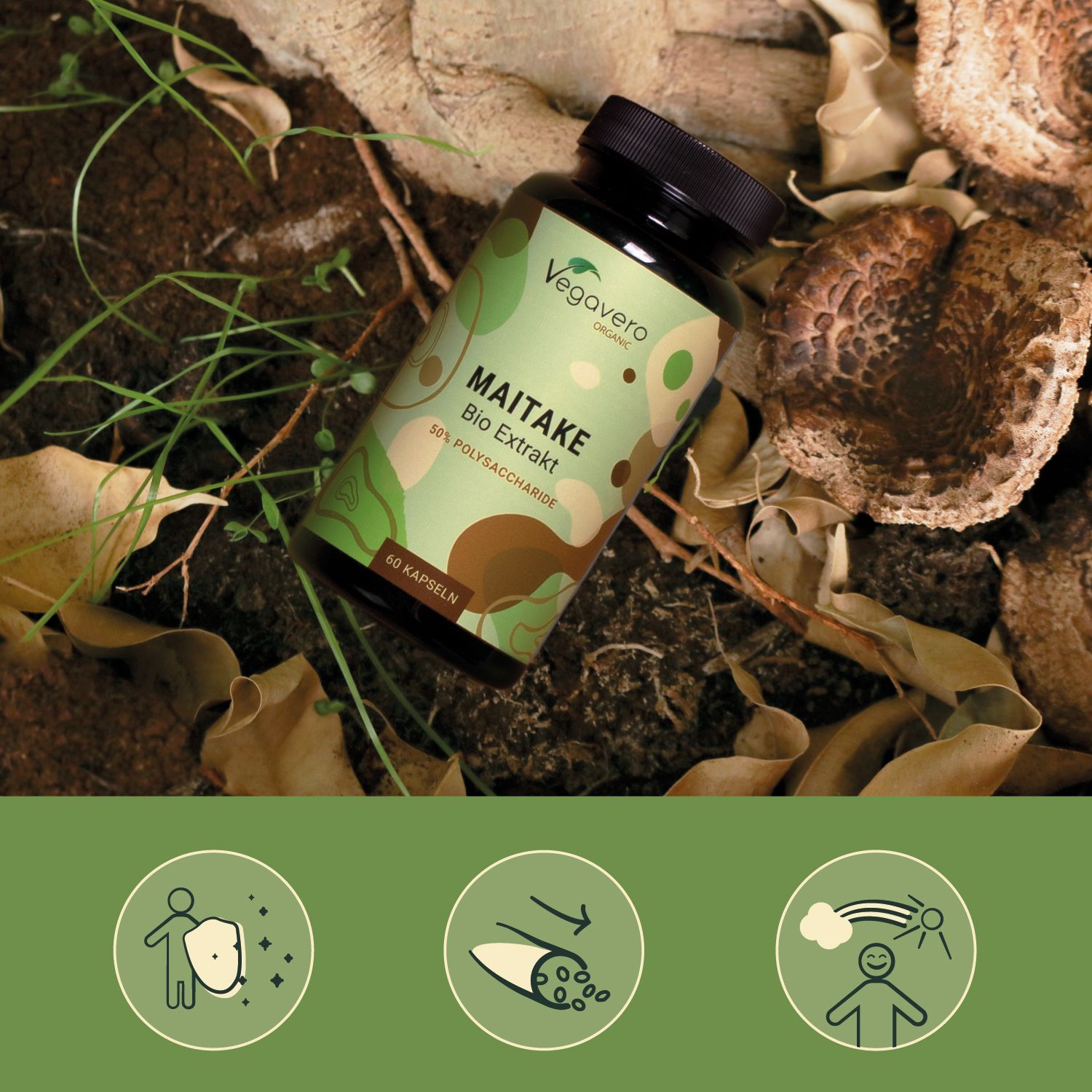 Flacone di capsule su terreno boschivo. Scritta: Vegavaro, Maitake Bio Extrakt, 50% polisaccaridi, 60 capsule. Tre icone: protezione, circolazione, benessere.