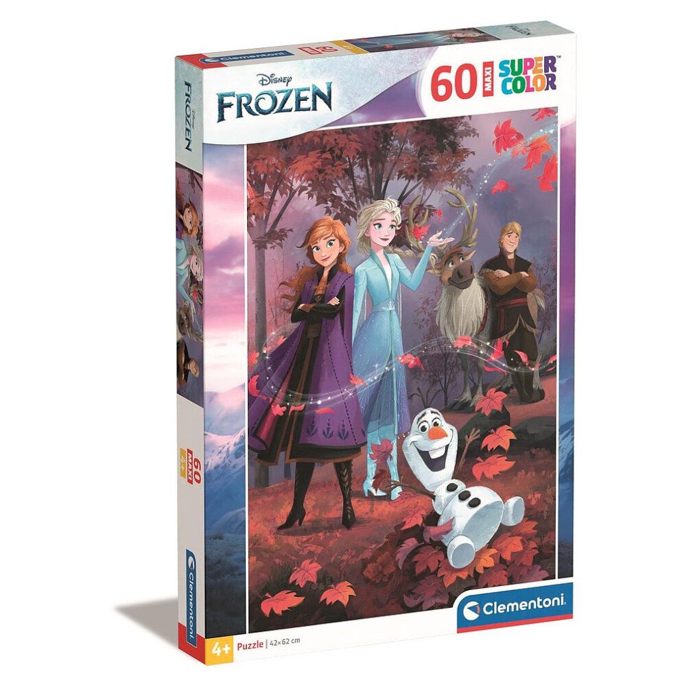 Puzzle Clementoni, 60 pezzi. Confezione con motivo Frozen. Personaggi: Elsa, Anna, Olaf, Kristoff e Sven. Età: 4+.