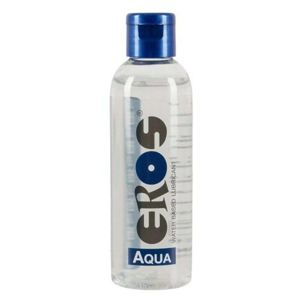 Flacone trasparente con tappo blu. Scritta: EROS, AQUA, Water Based Lubricant.