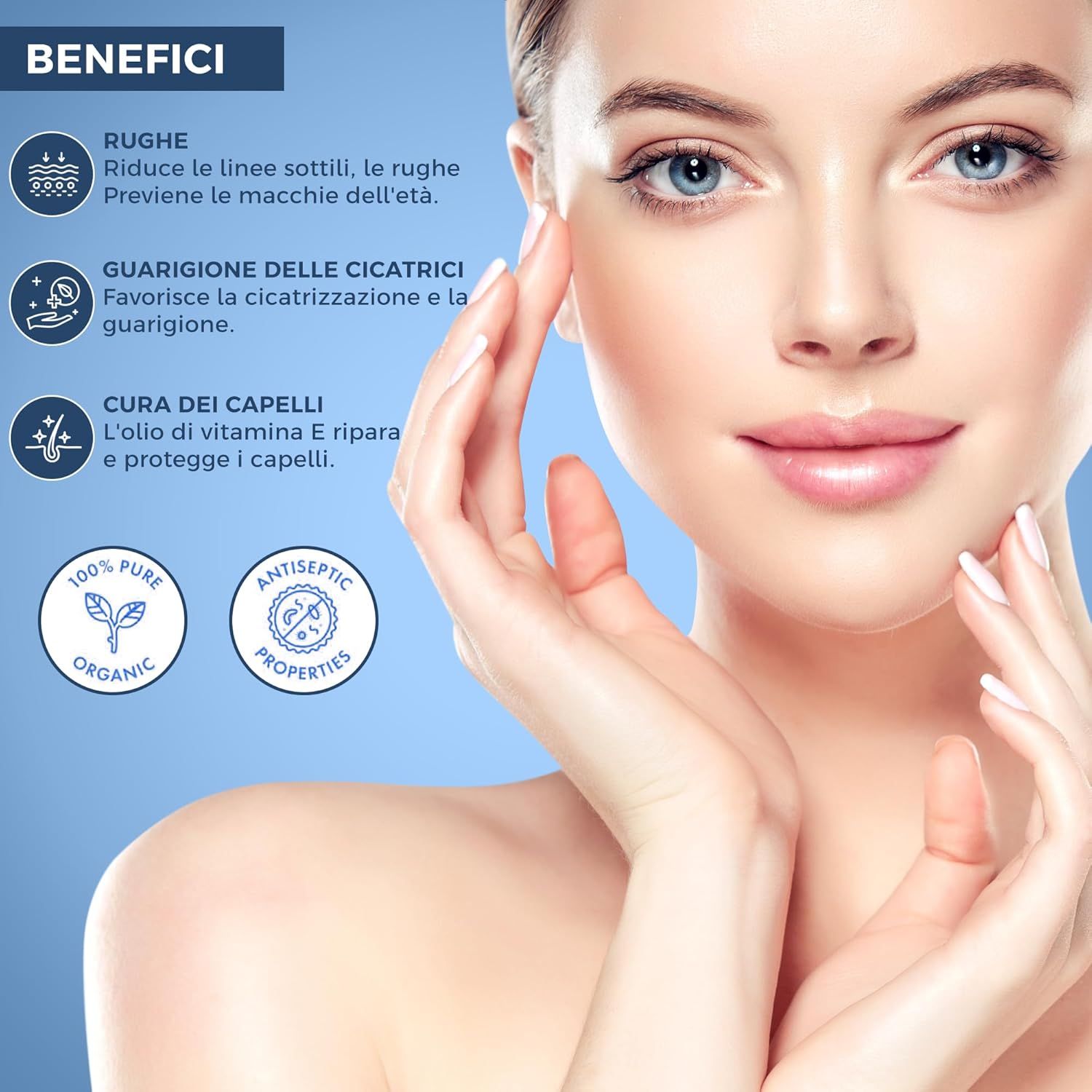 Donna con cura della pelle. Testo: Riduce le rughe, guarigione cicatrici, cura dei capelli. Loghi: 100% Bio, Proprietà antisettiche.