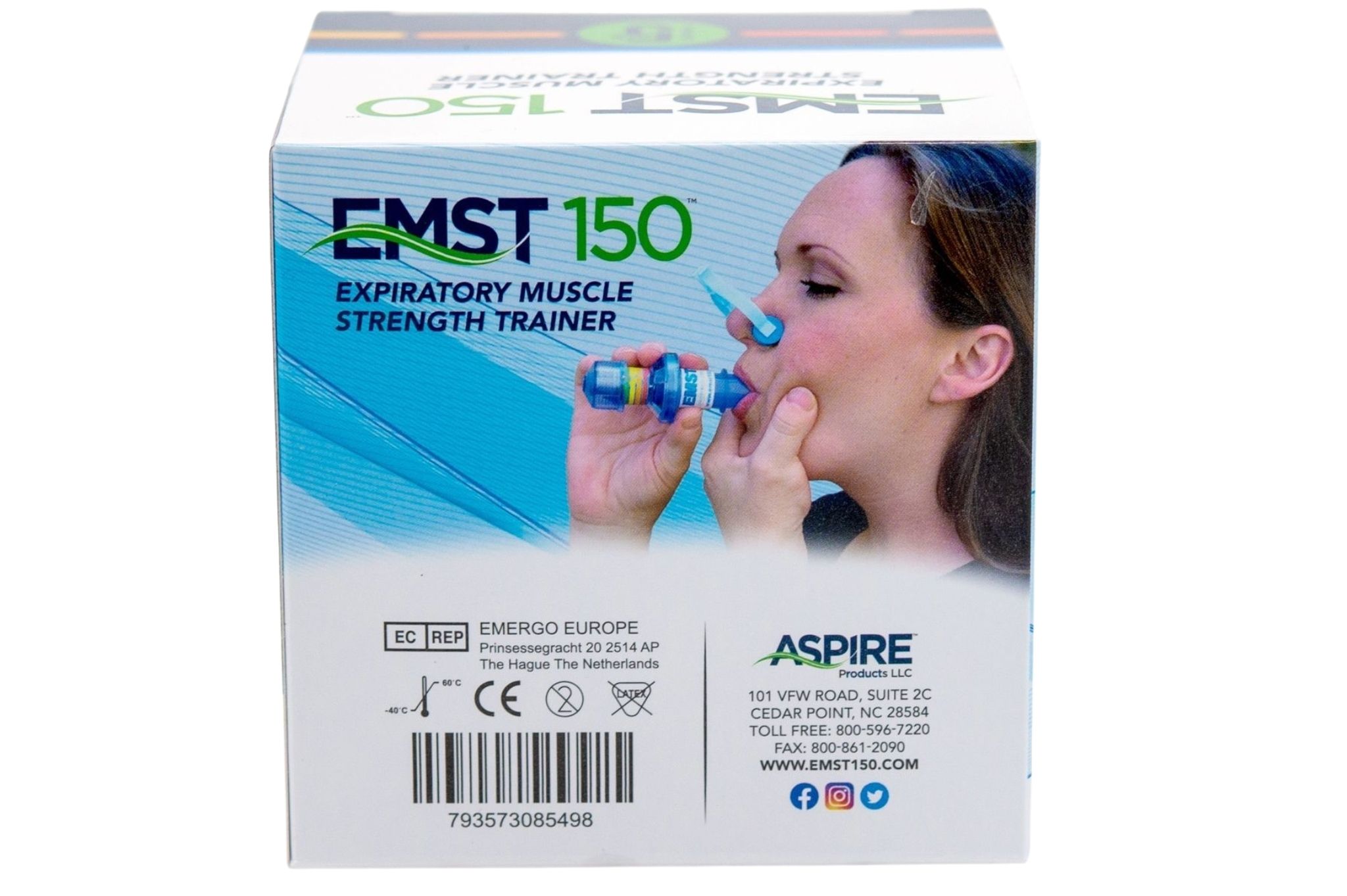 Confezione dell'allenatore muscolare respiratorio EMST 150 con immagine applicativa e marchio CE.