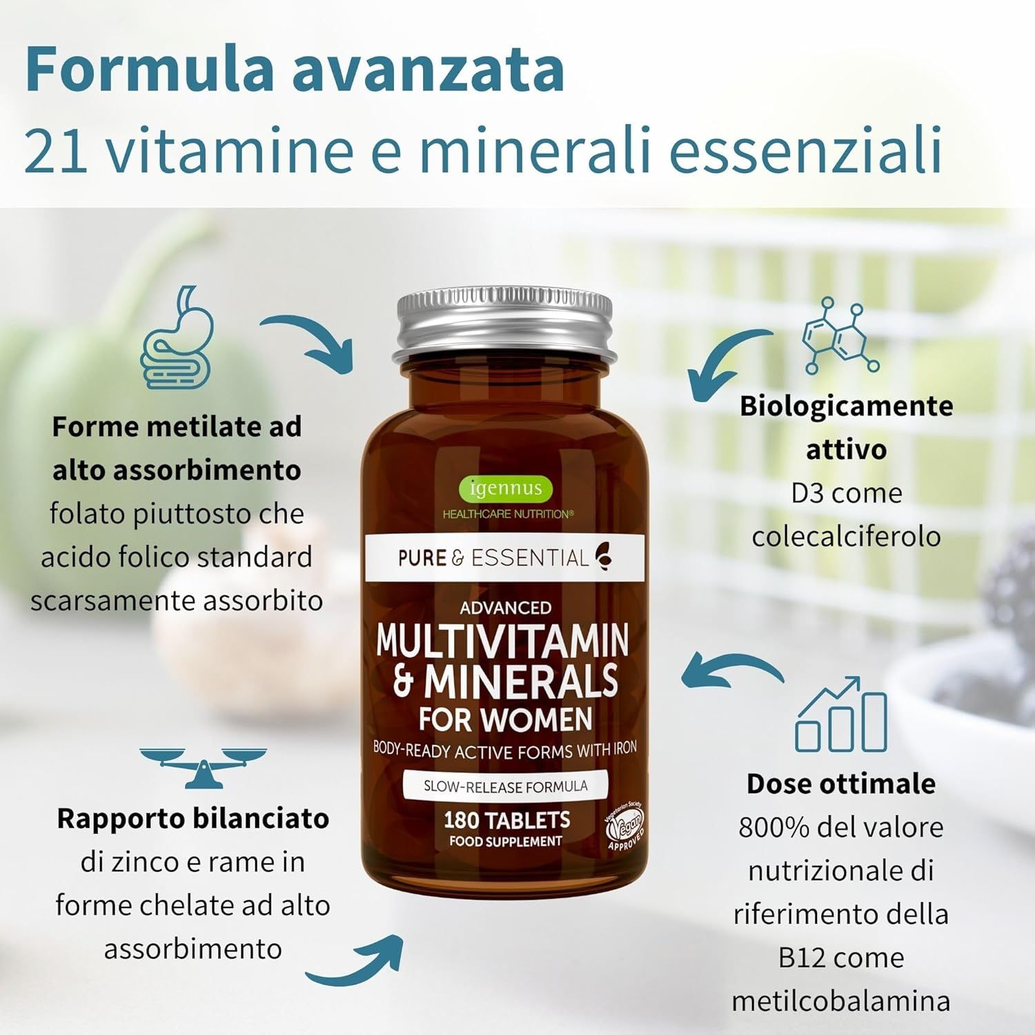 Flacone marrone con compresse. Testo: 21 vitamine e minerali. Biologicamente attivo. Dose ottimale.