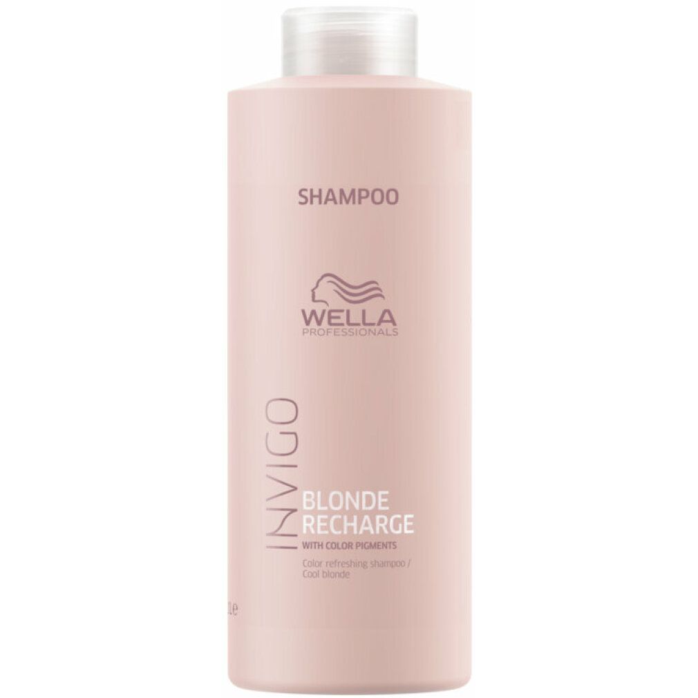Flacone di shampoo rosa con INVIGO, BLONDE RECHARGE, Wella Professionals. Testo: Color refreshing shampoo. 1l.