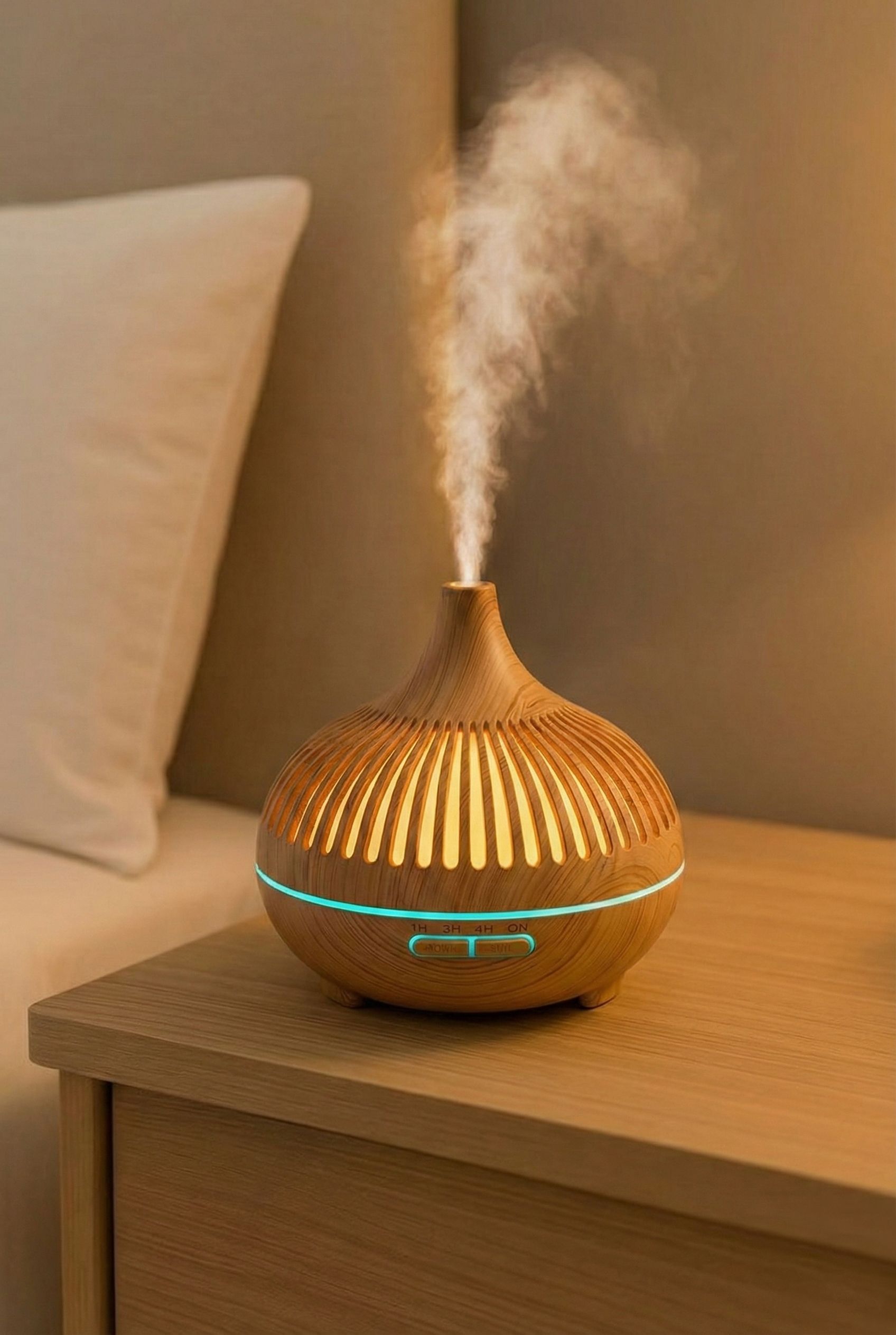 Diffusore di aromi color legno che emette vapore, con luci LED blu.