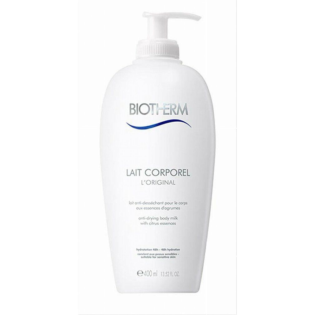 Flacone bianco con dosatore. Scritta: BIOTHERM, Lait Corporel L'Original. Testo: anti-drying body milk with citrus essence. Volume: 400 ml.