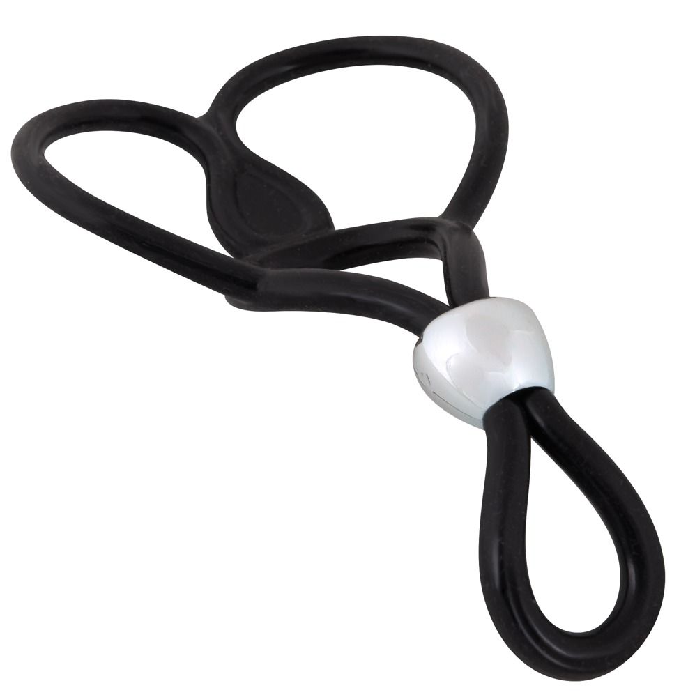 Anello nero con tre aperture e connettore argentato. In gomma.