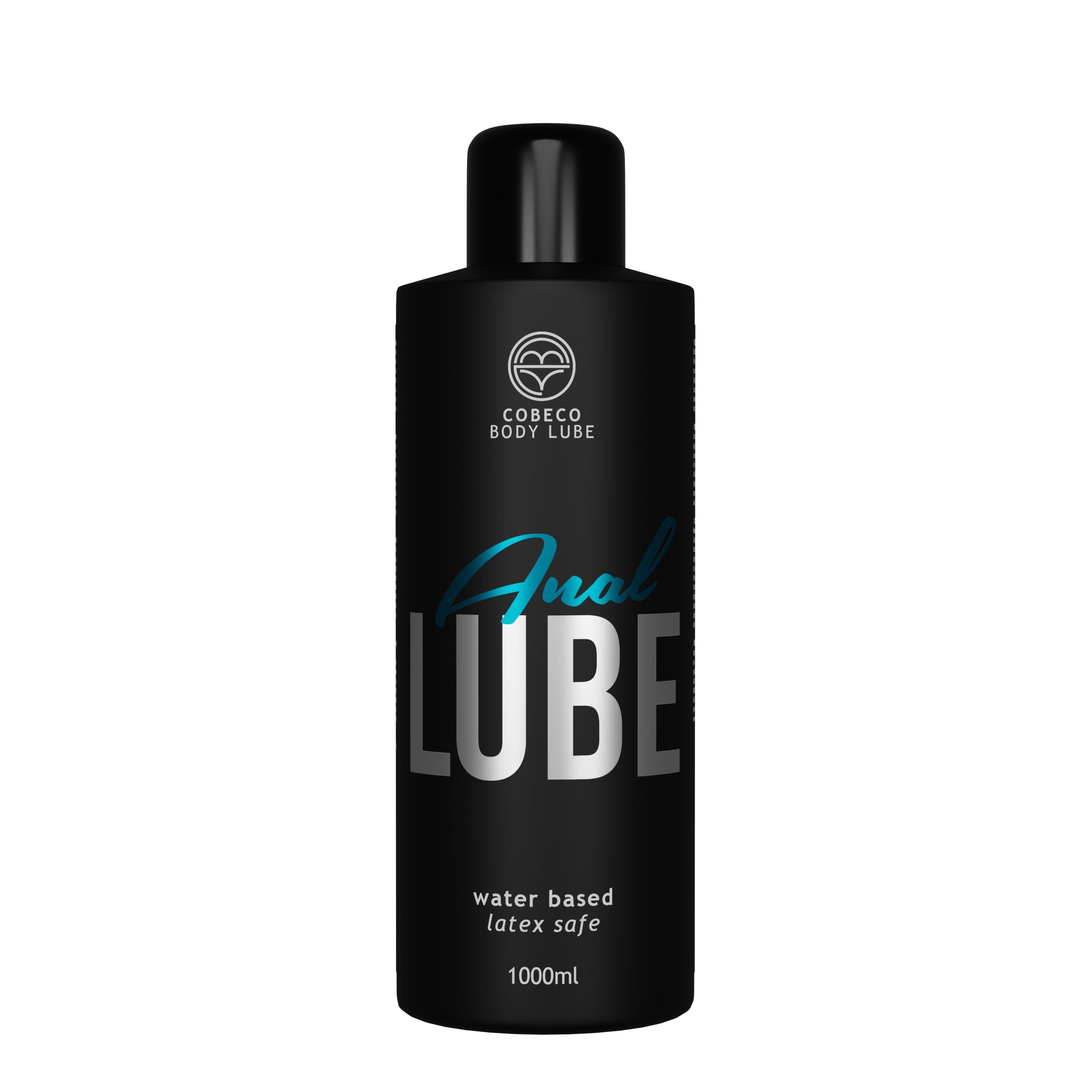 Flacone nero con tappo nero. Scritta: Anal LUBE, water based, latex safe, 1000ml. Logo: Cobeco Bodylube.