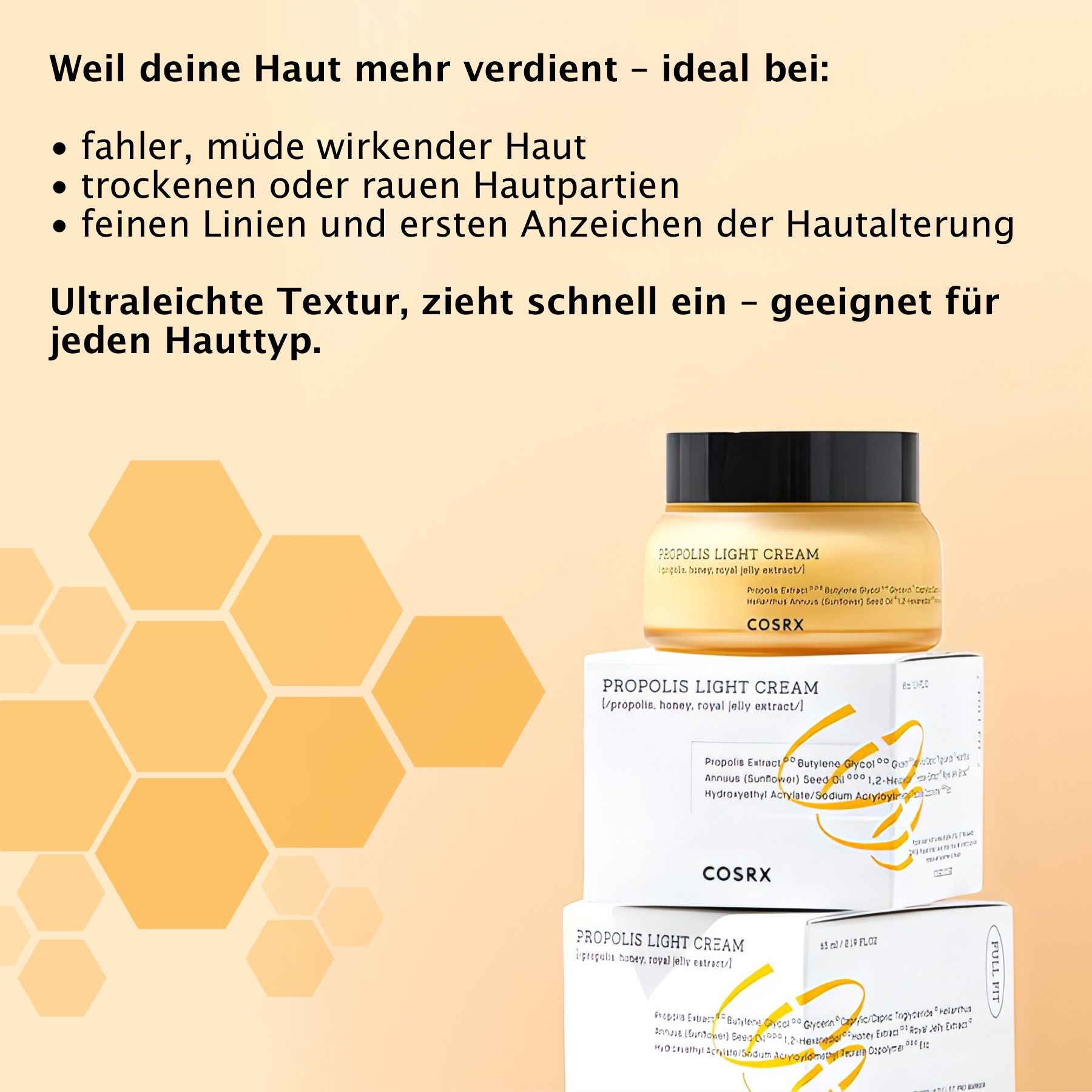 Vasetto COSRX Propolis Light Cream e confezioni. Vetro giallo, coperchio nero.