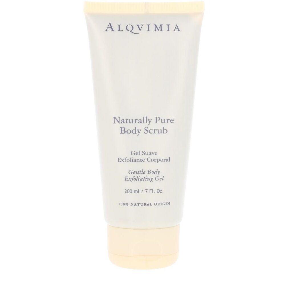 Tubo beige con scritta "Naturally Pure Body Scrub". Testo in inglese e spagnolo. 200 ml / 7 FL. OZ. 100% NATURAL ORIGIN.
