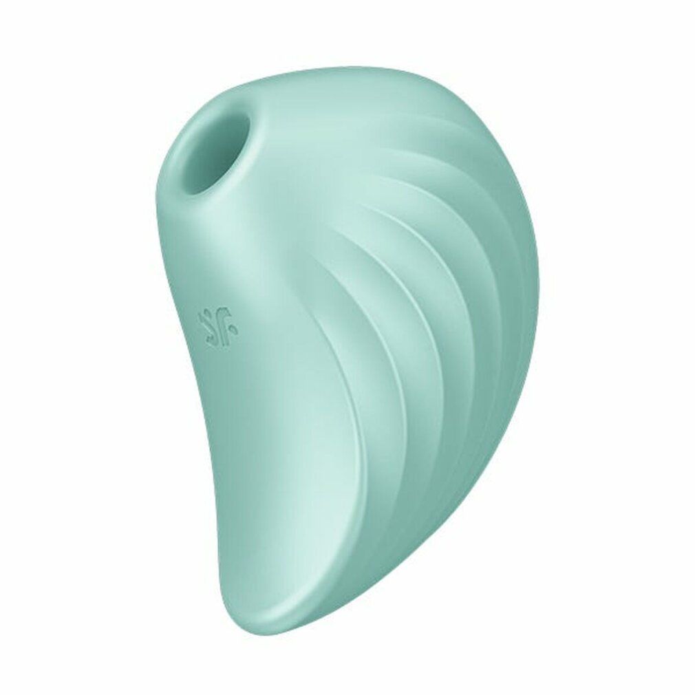 Dispositivo a forma di conchiglia verde chiaro, superficie scanalata, apertura. Logo visibile.