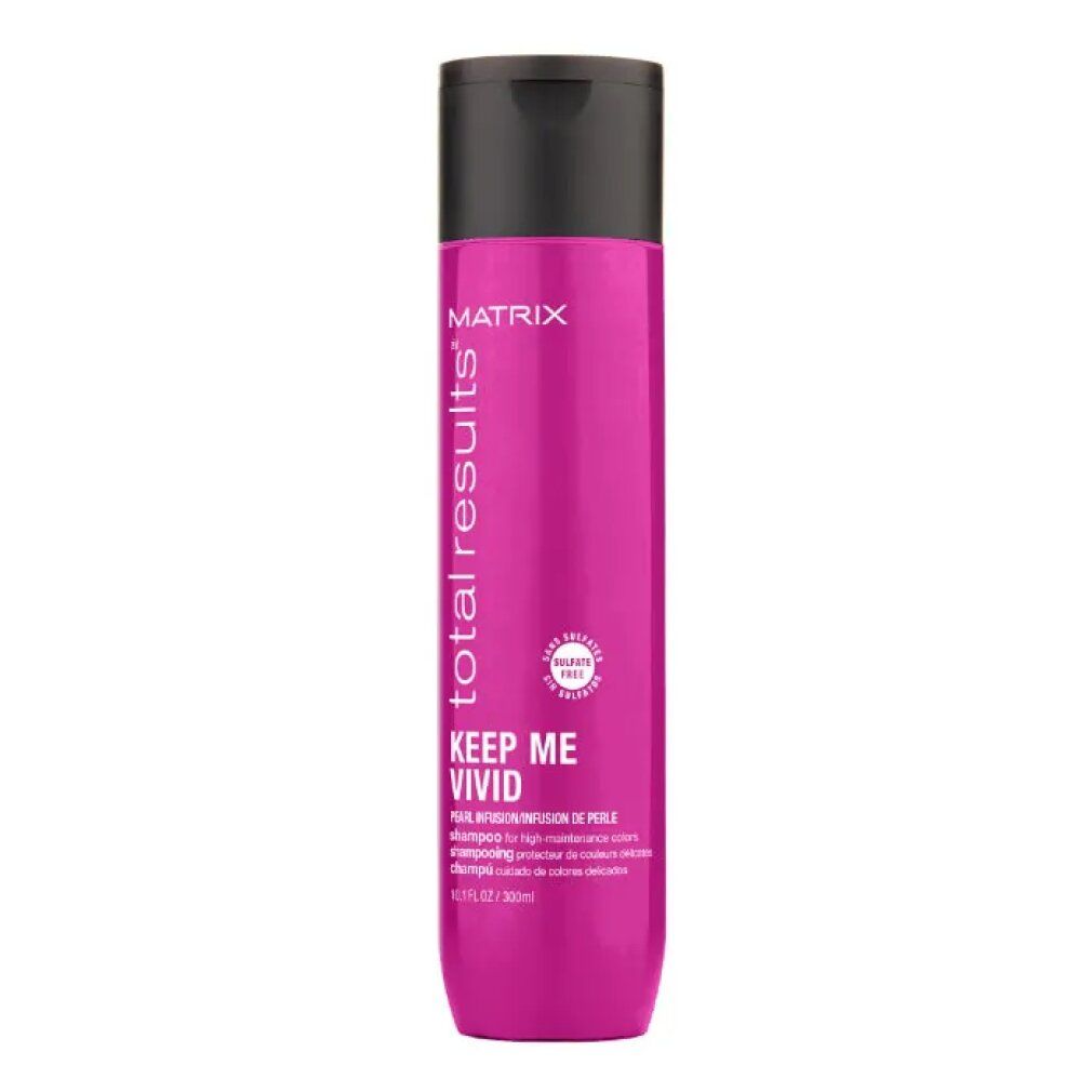 Flacone di shampoo rosa con tappo nero. Scritta: Matrix Total Results Keep Me Vivid. Per capelli colorati.