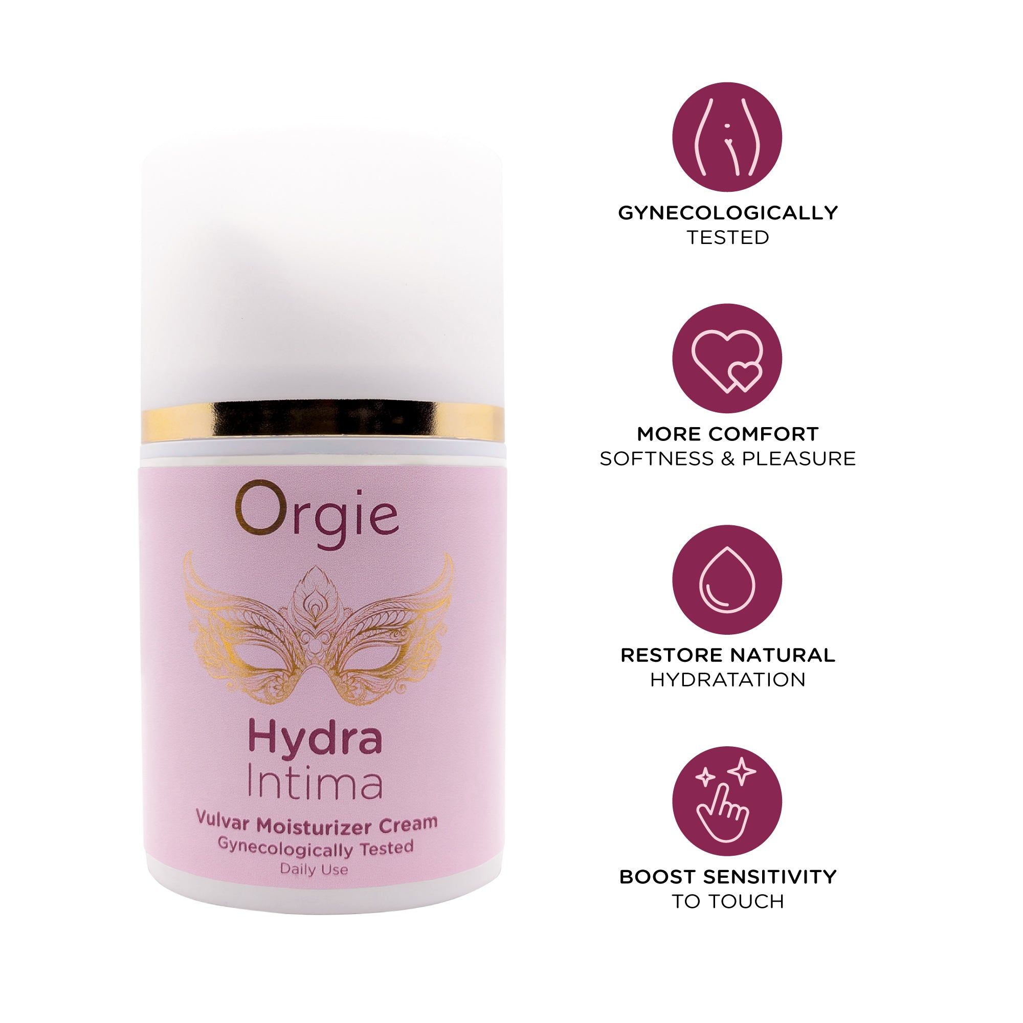 Flacone di crema rosa con maschera dorata e testo. Scritta: Hydra Intima, Vulvar Moisturizer Cream. Con icone.