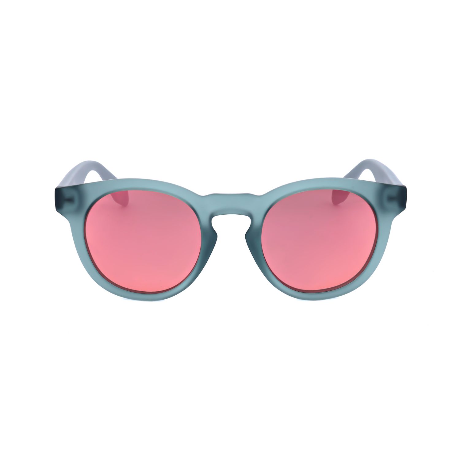 Occhiali da sole rotondi con montatura blu e lenti rosa.