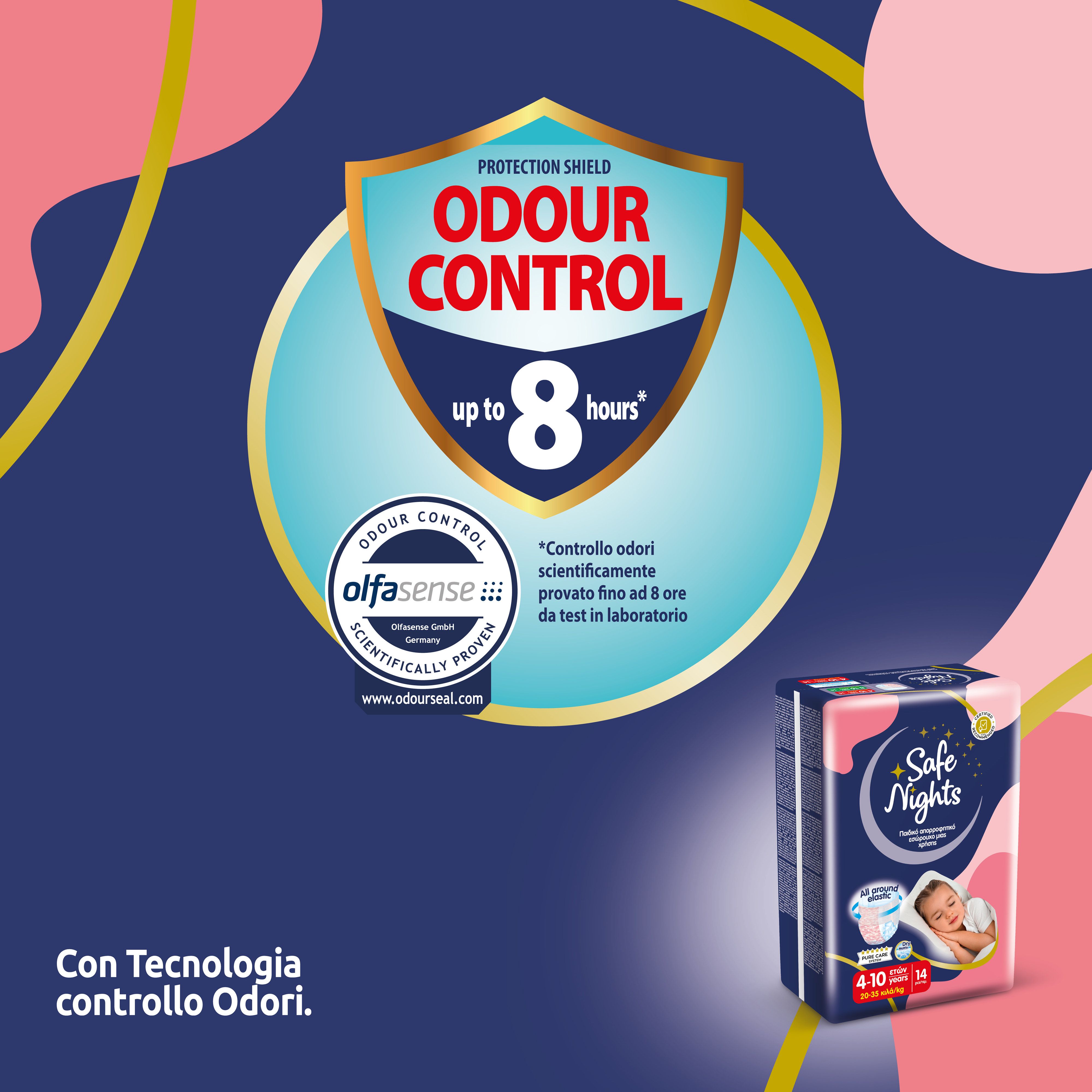 Pannolino con controllo degli odori. Confezione del prodotto Babylino Safe Nights Girls Pants. Testo: Odour Control fino a 8 ore.