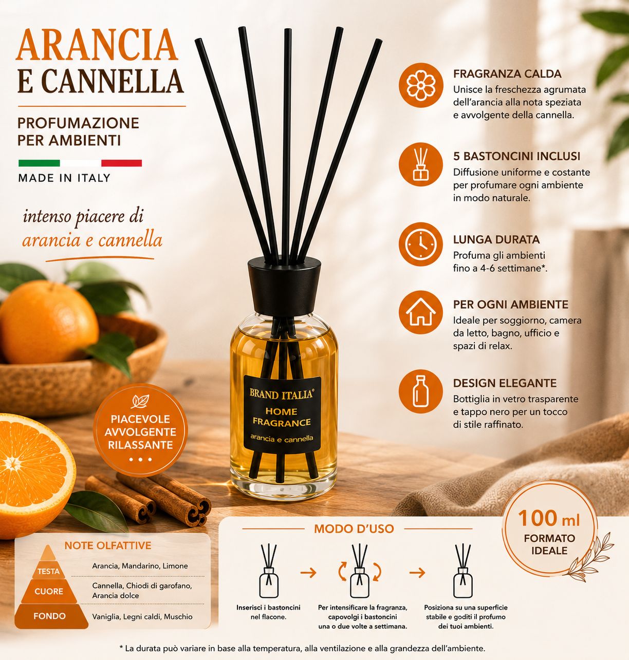 BRAND ITALIA - Diffusore Per Ambienti a Bastoncino - Arancio & Cannella