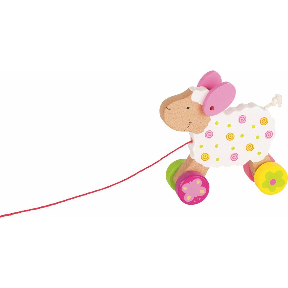 Pecora di legno con ruote e corda rossa. Pelliccia bianca con pois gialli e rosa. Orecchie rosa e ruote con motivi floreali.