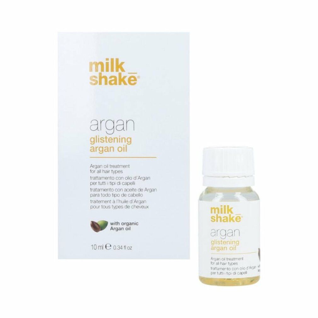 Scatola e flacone con etichetta. Scritto: Milk_shake, Argan Glistening Argan Oil. 10 ml.