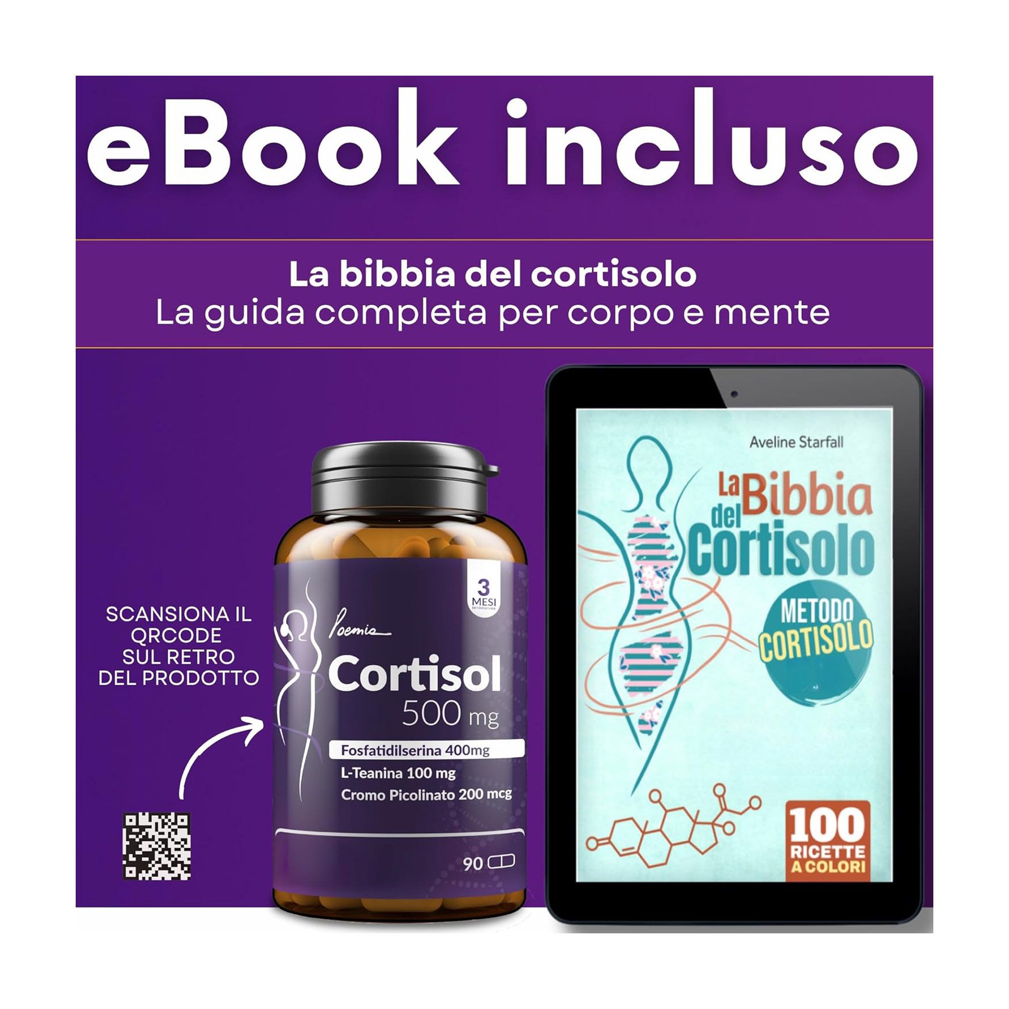 Flacone Poemia Cortisol 500mg ed E-book "La Bibbia del Cortisolo" su tablet, con QR code.