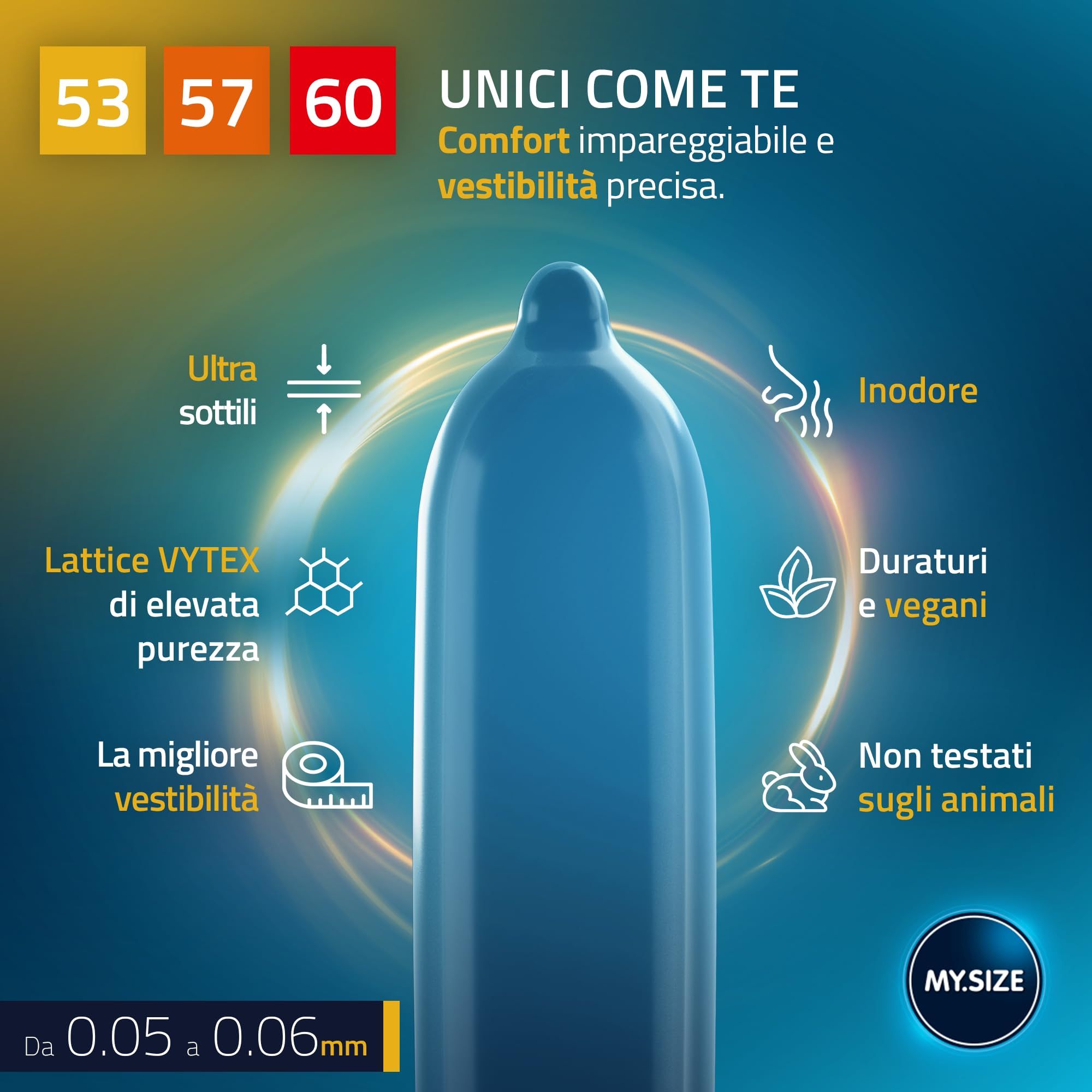 Un singolo preservativo blu con icone per sottile, vegano, durevole e inodore.