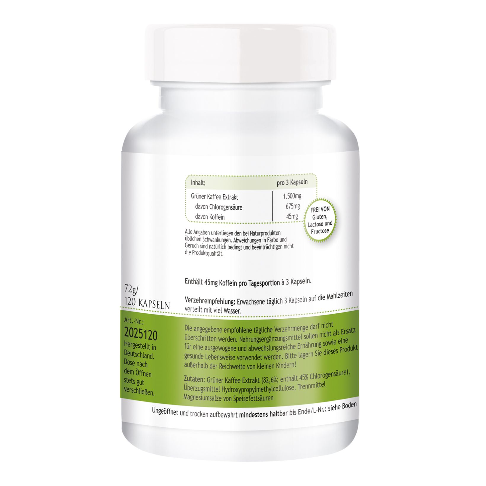 Flacone bianco con etichetta verde. Scritta: GRÜNER KAFFEE 500MG. Retro con informazioni sugli ingredienti e raccomandazioni. 120 capsule.