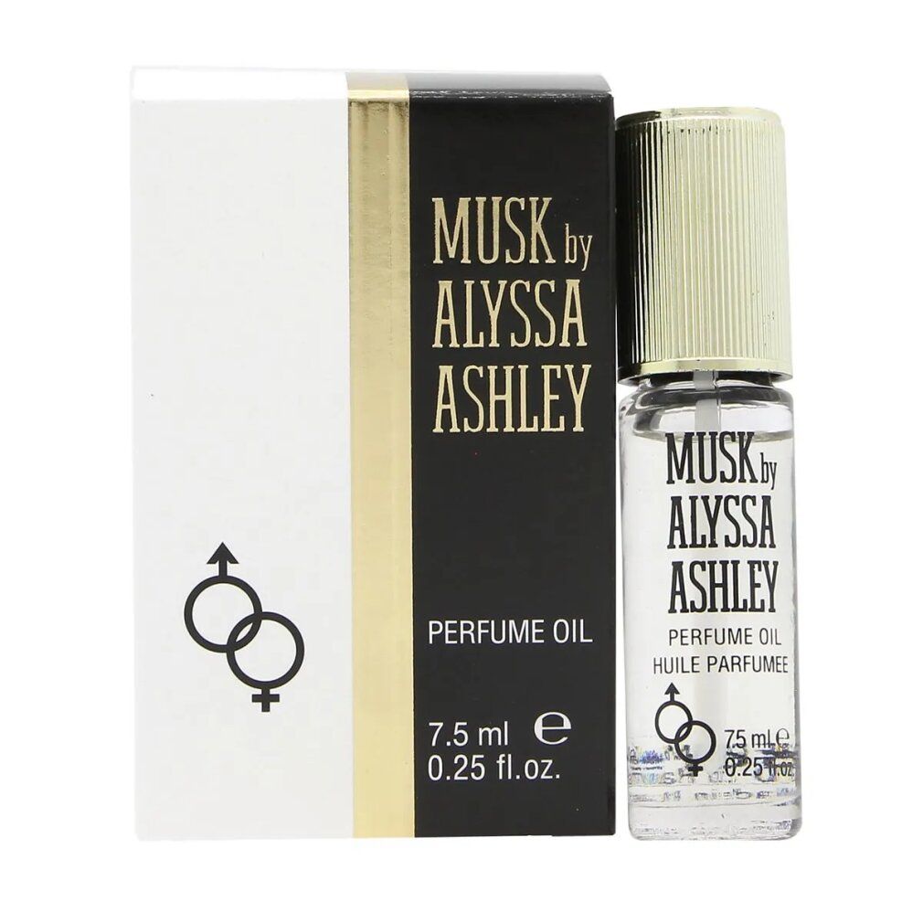 Flacone e scatola di olio profumato. Scritta: Musk by Alyssa Ashley, olio profumato. Contiene 7,5 ml. Con logo e simboli.