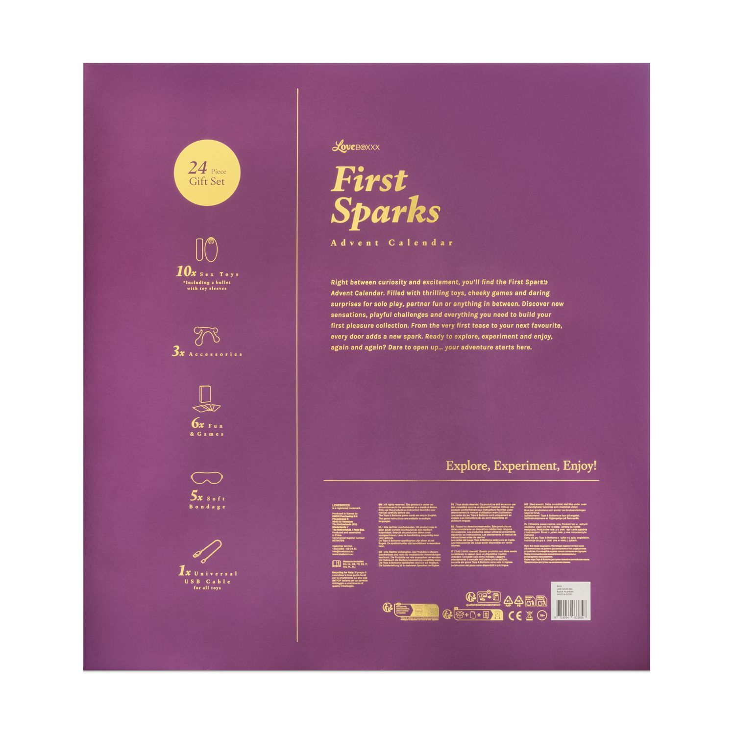 Retro del calendario dell'Avvento. Testo: First Sparks, Advent Calendar. Elenco dei contenuti. Logo: Loveboxxx.